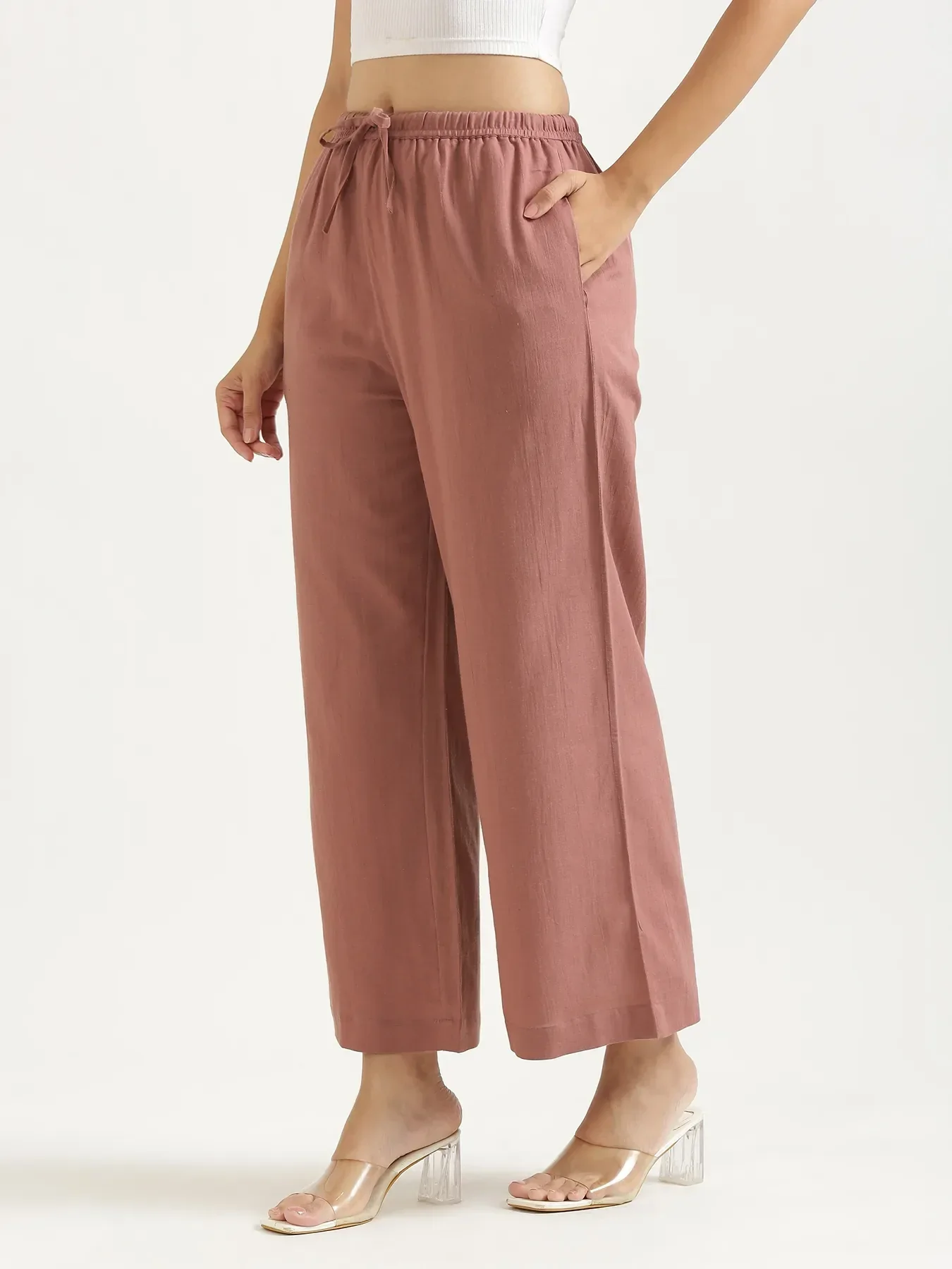 Women Rose Taupe Flowy Linen Wide Leg Pants - Image 4