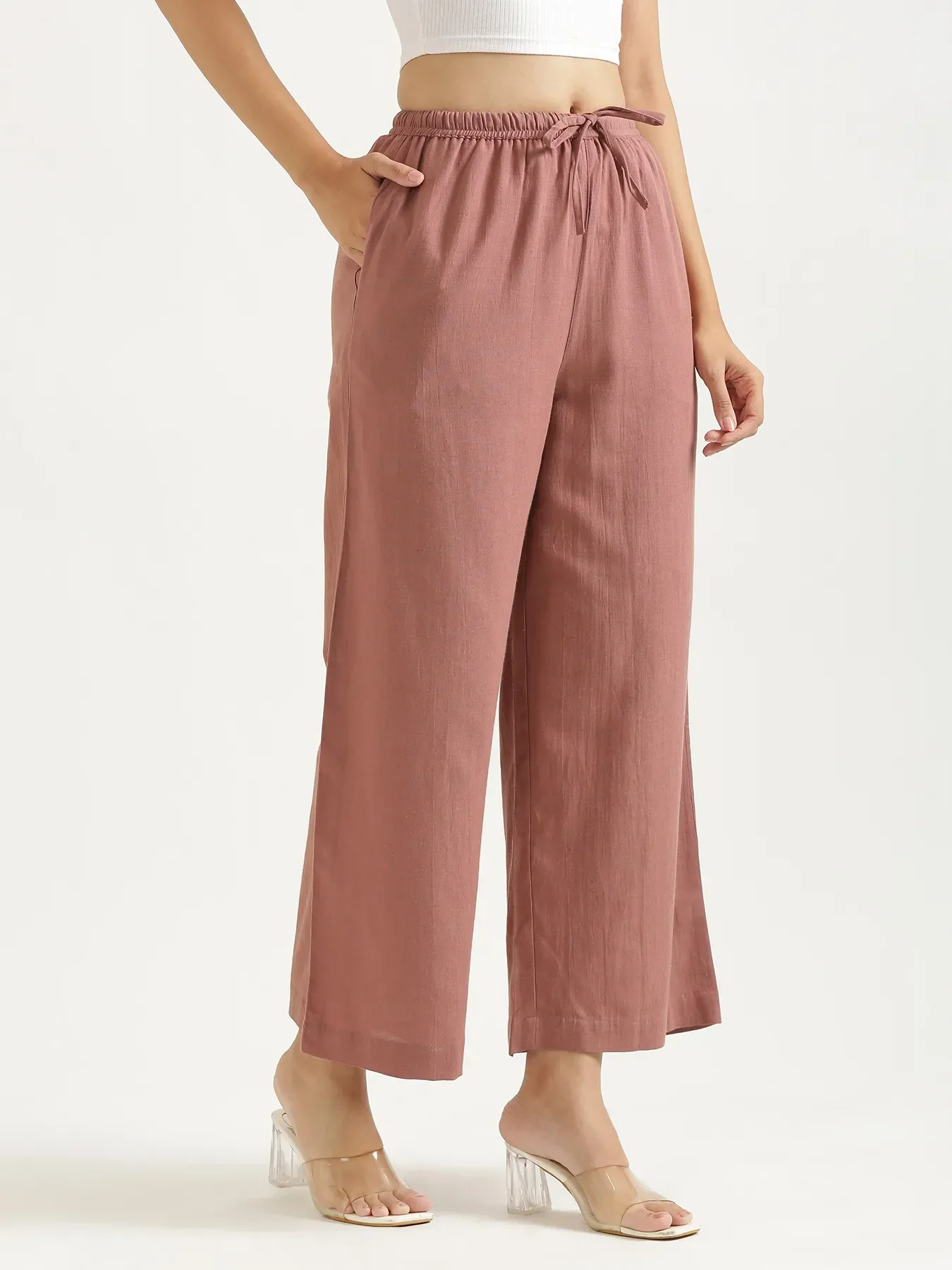 Women Rose Taupe Flowy Linen Wide Leg Pants - Image 5
