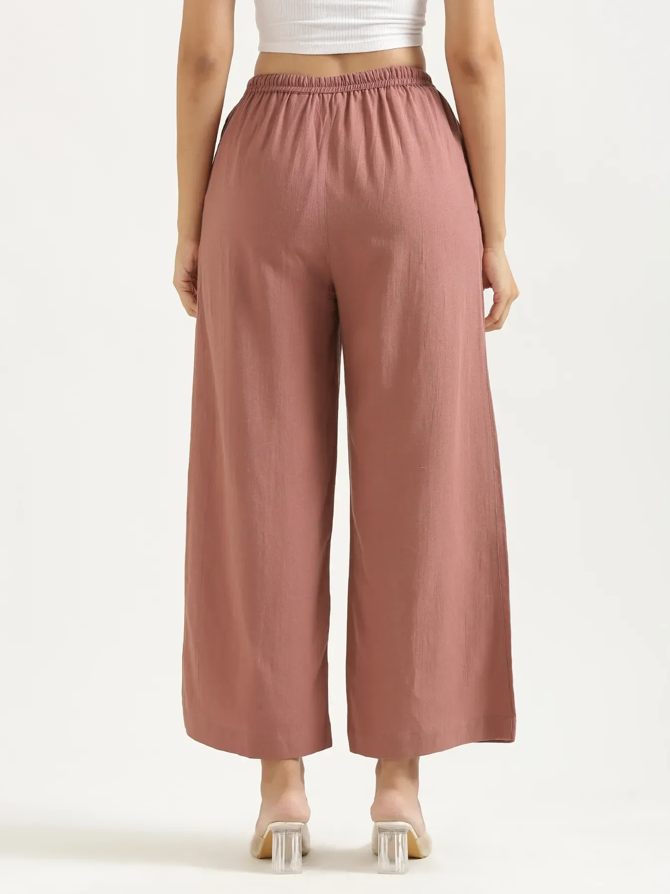 Women Rose Taupe Flowy Linen Wide Leg Pants - Image 9