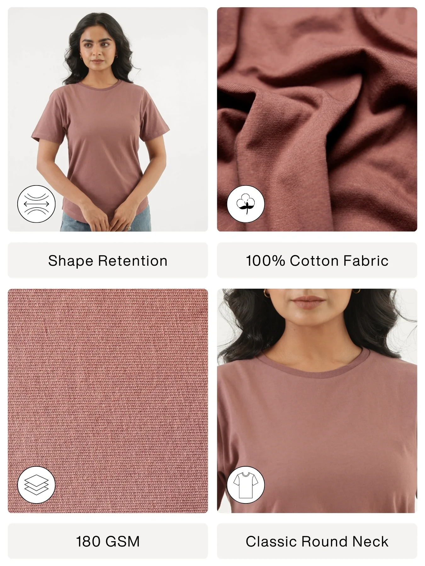 Women Rose Taupe Round Neck T-shirt - Image 2