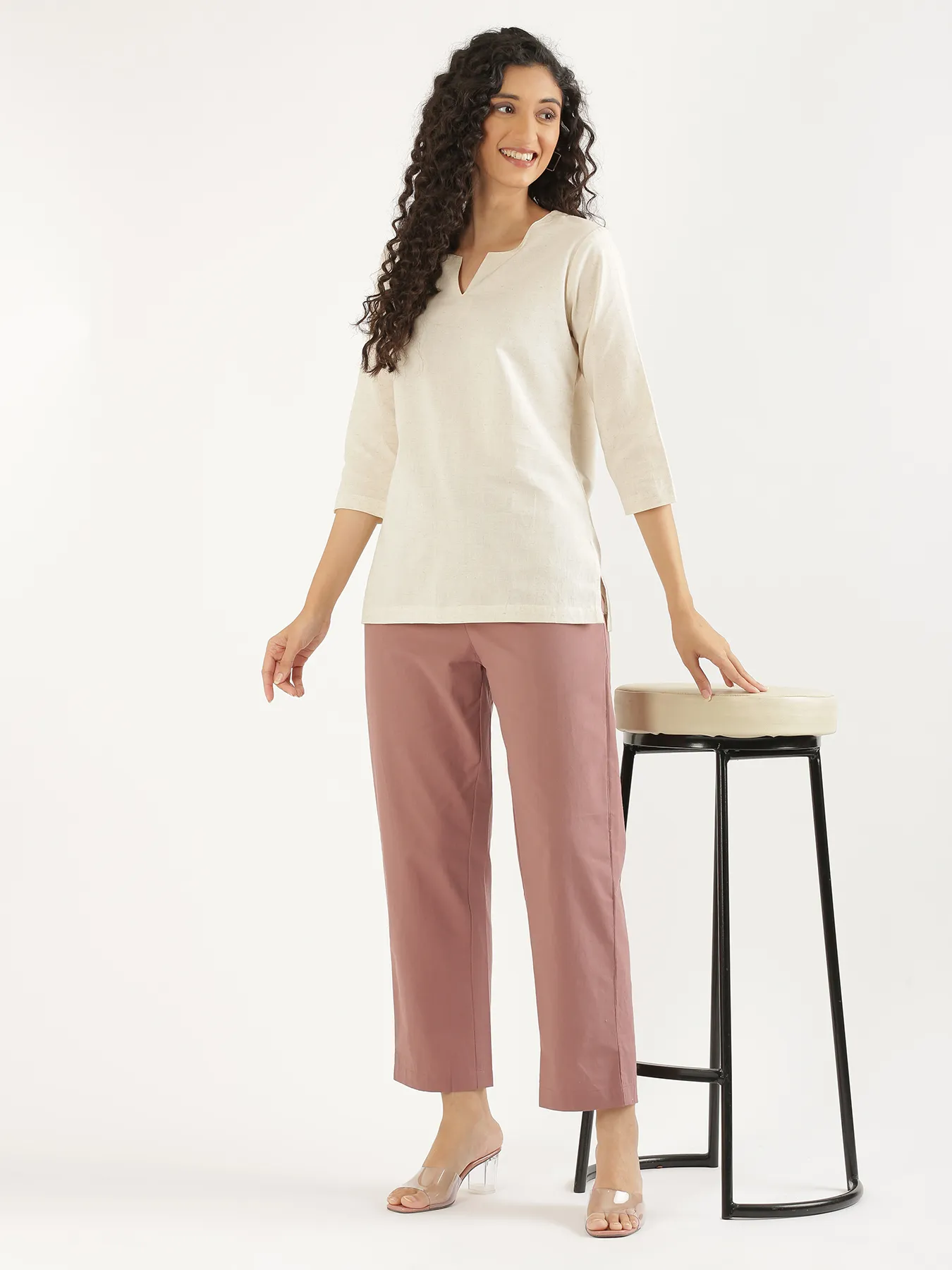 Women Rose Taupe Cotton Straight Pant - Image 10