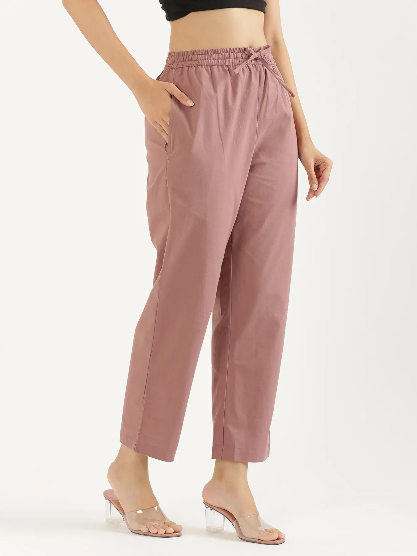 Women Rose Taupe Cotton Straight Pant - Image 3