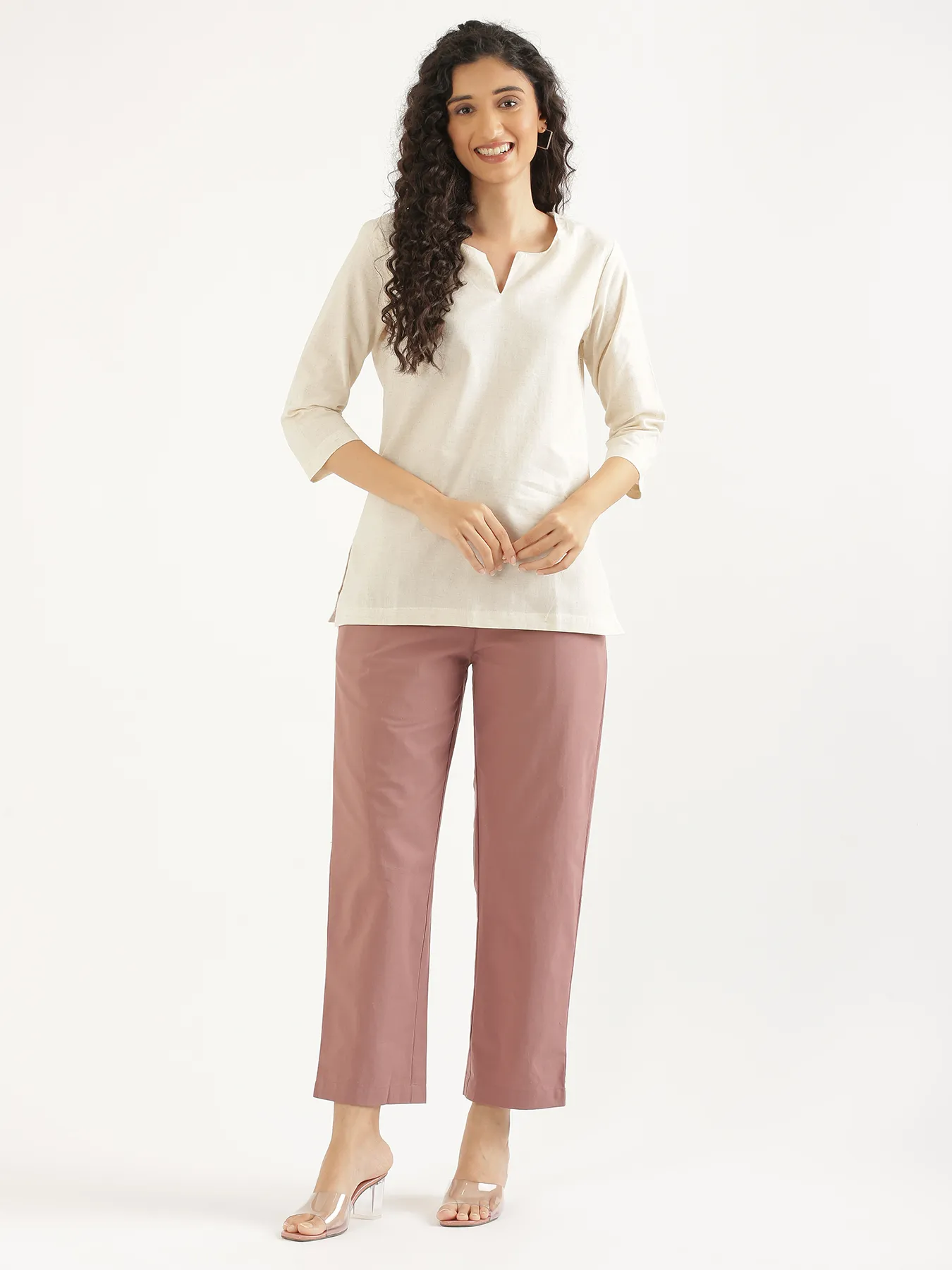Women Rose Taupe Cotton Straight Pant - Image 4