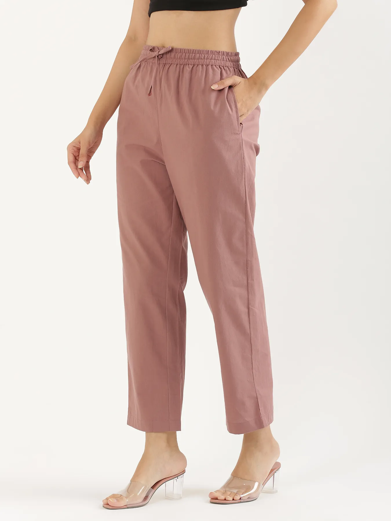 Women Rose Taupe Cotton Straight Pant - Image 9