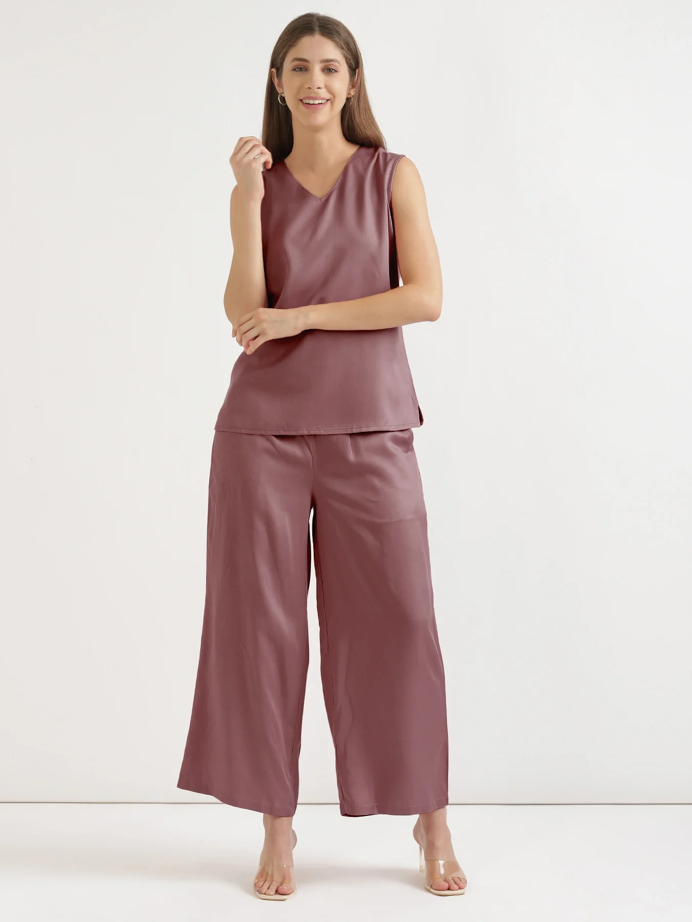 Women Rose Taupe V-Neck Sleeveless Top - Image 3