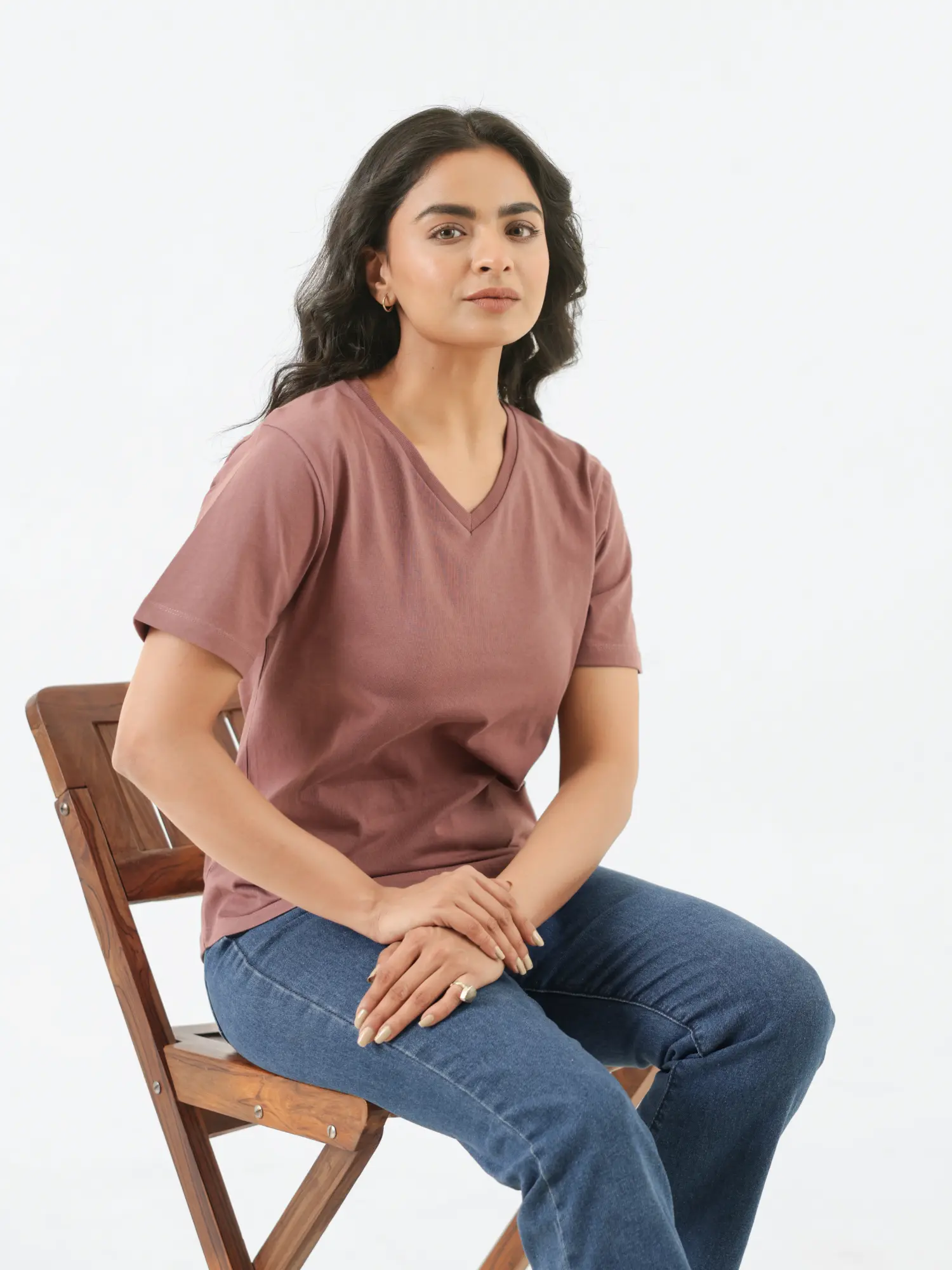Women Rose Taupe V-neck T-shirt - Image 10