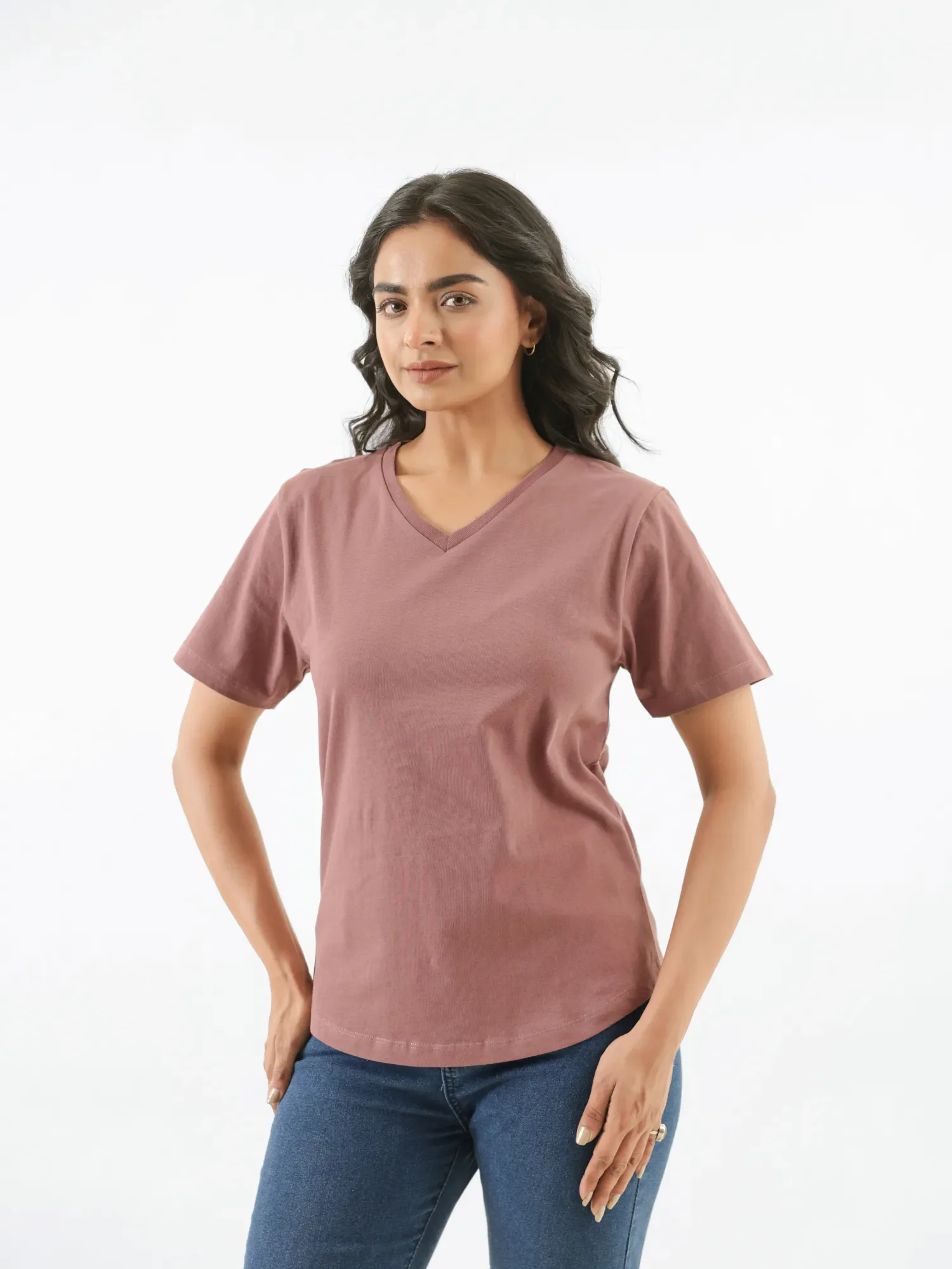 Women Rose Taupe V-neck T-shirt - Image 11
