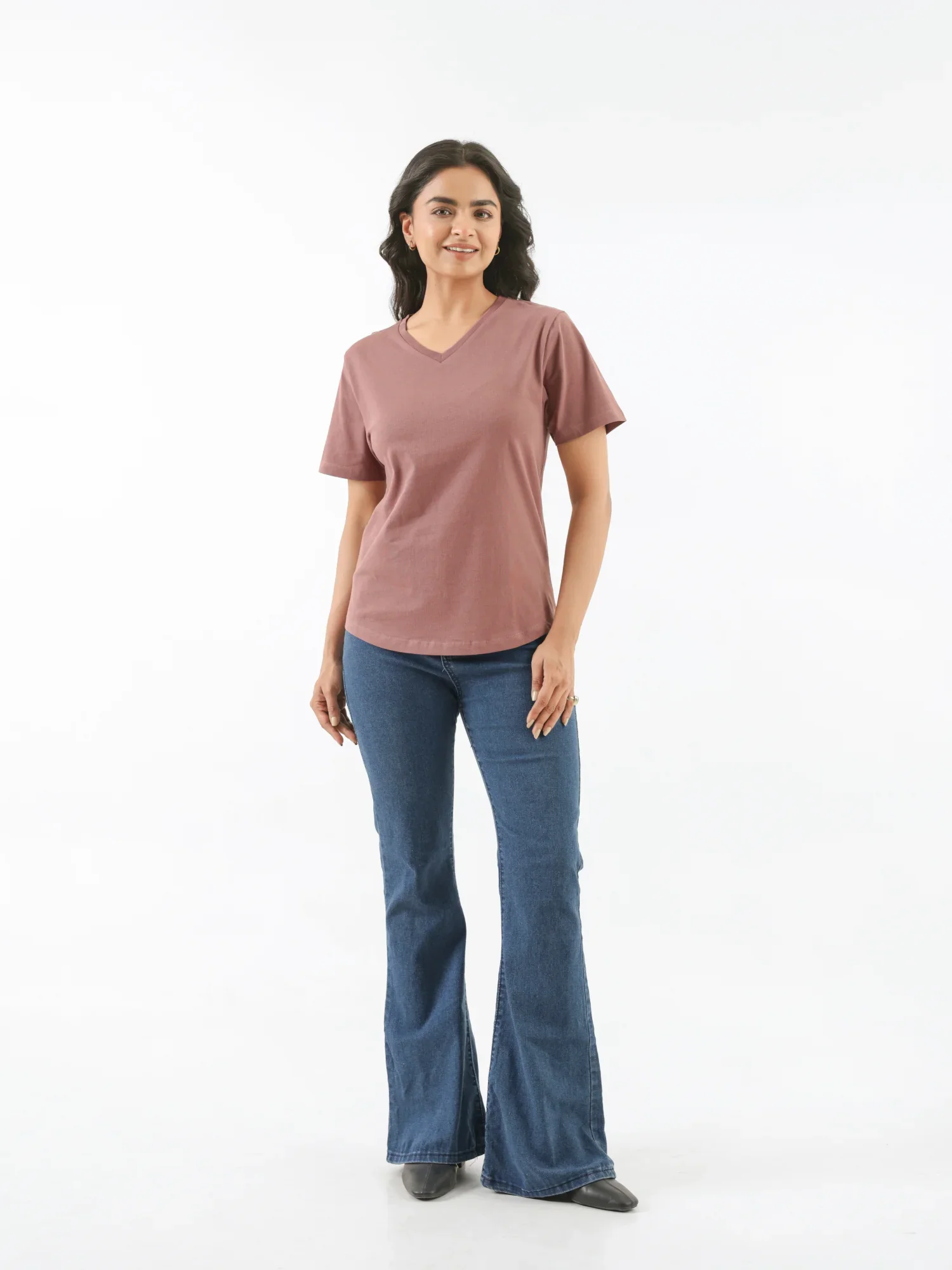 Women Rose Taupe V-neck T-shirt - Image 3