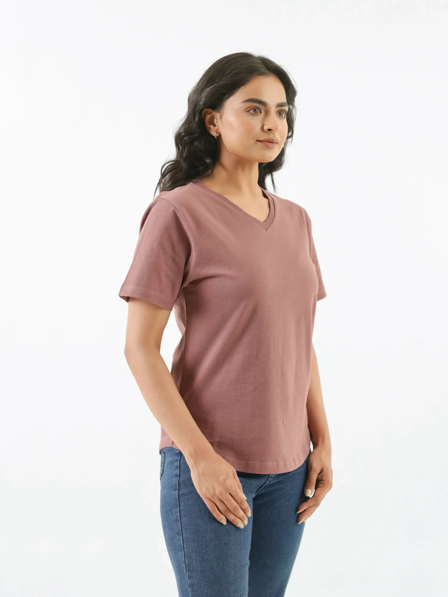 Women Rose Taupe V-neck T-shirt - Image 5