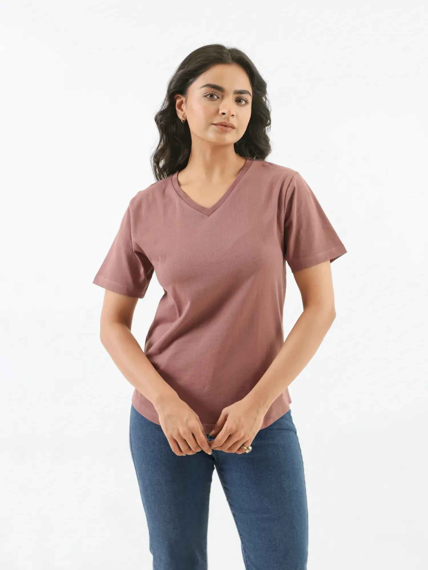 Women Rose Taupe V-neck T-shirt - Image 7