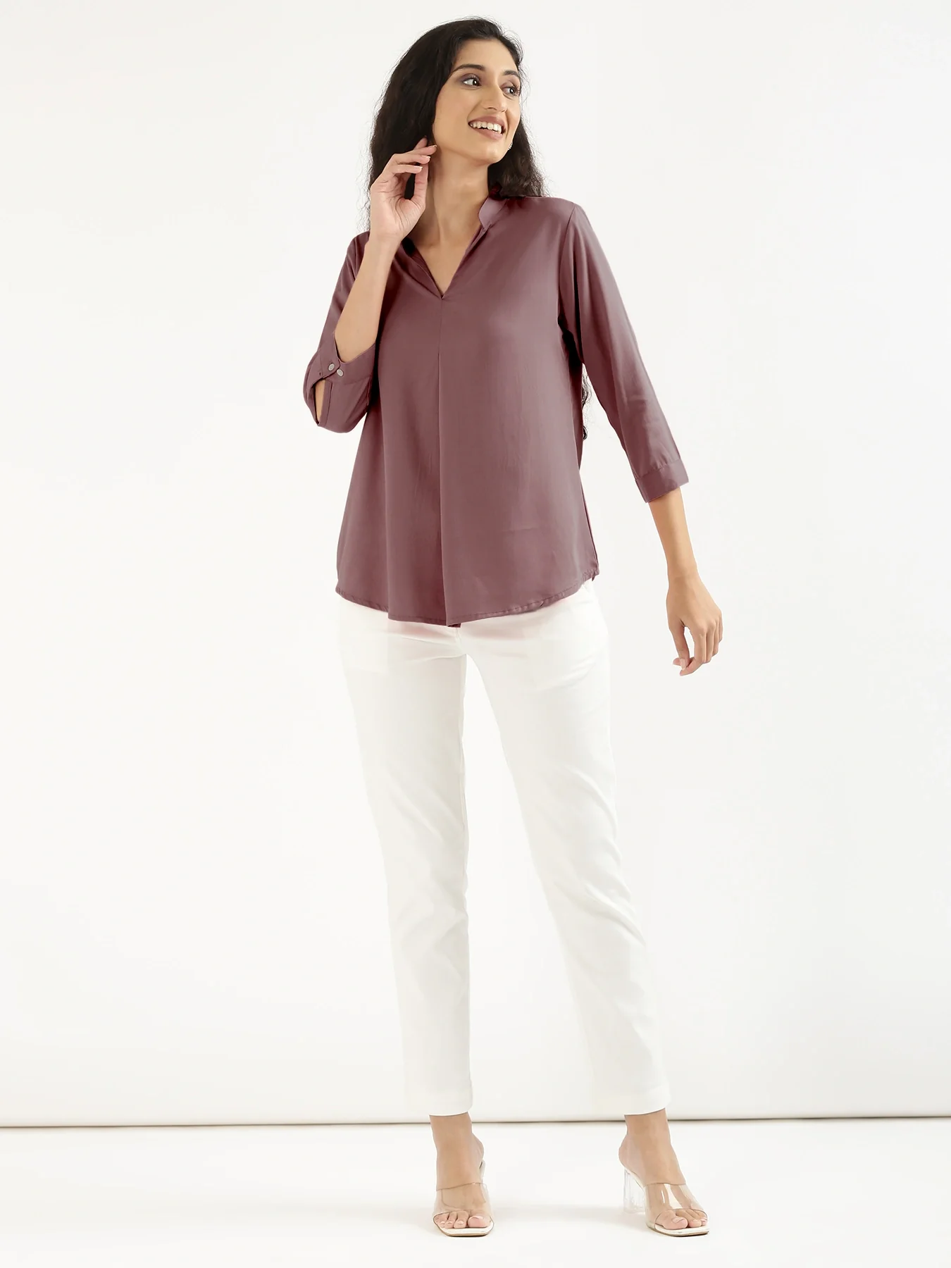 Women Rose Taupe Viscose Pleated Top - Image 3