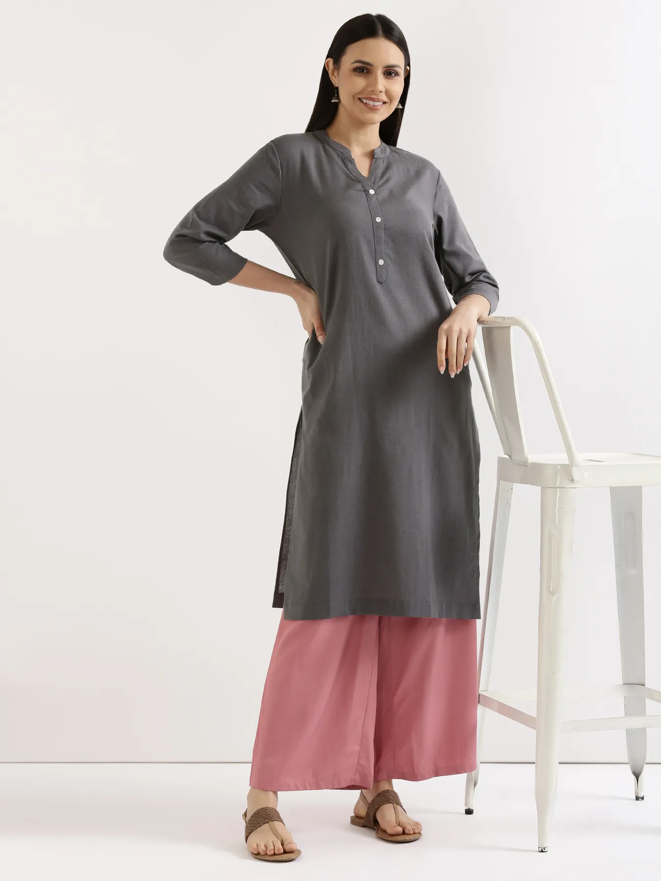 Women Slate Grey Airy Linen Long Kurta & Rose Viscose Palazzo Pant Set - Image 11