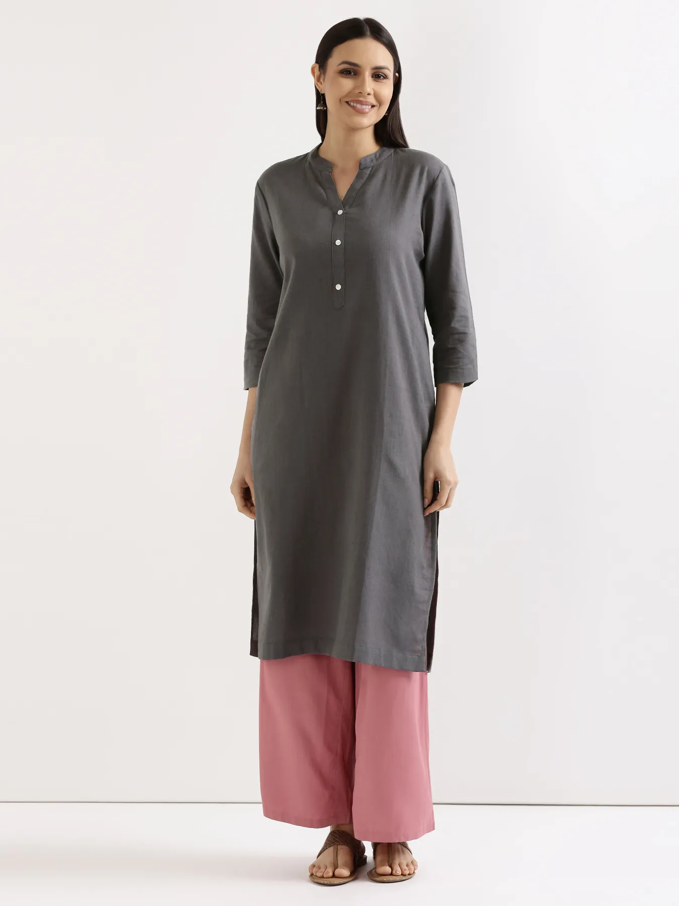 Women Slate Grey Airy Linen Long Kurta & Rose Viscose Palazzo Pant Set - Image 3