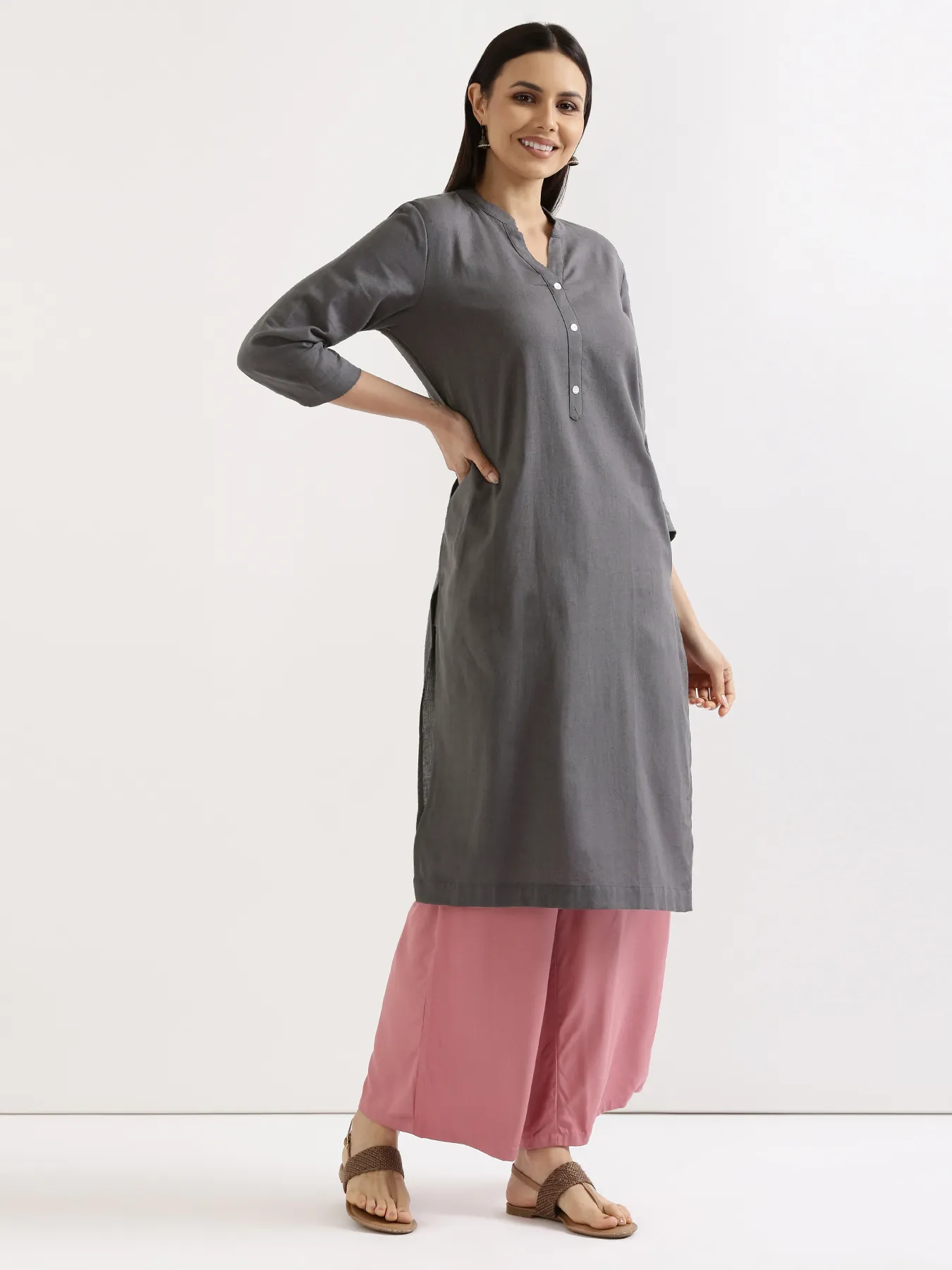 Women Slate Grey Airy Linen Long Kurta & Rose Viscose Palazzo Pant Set - Image 5