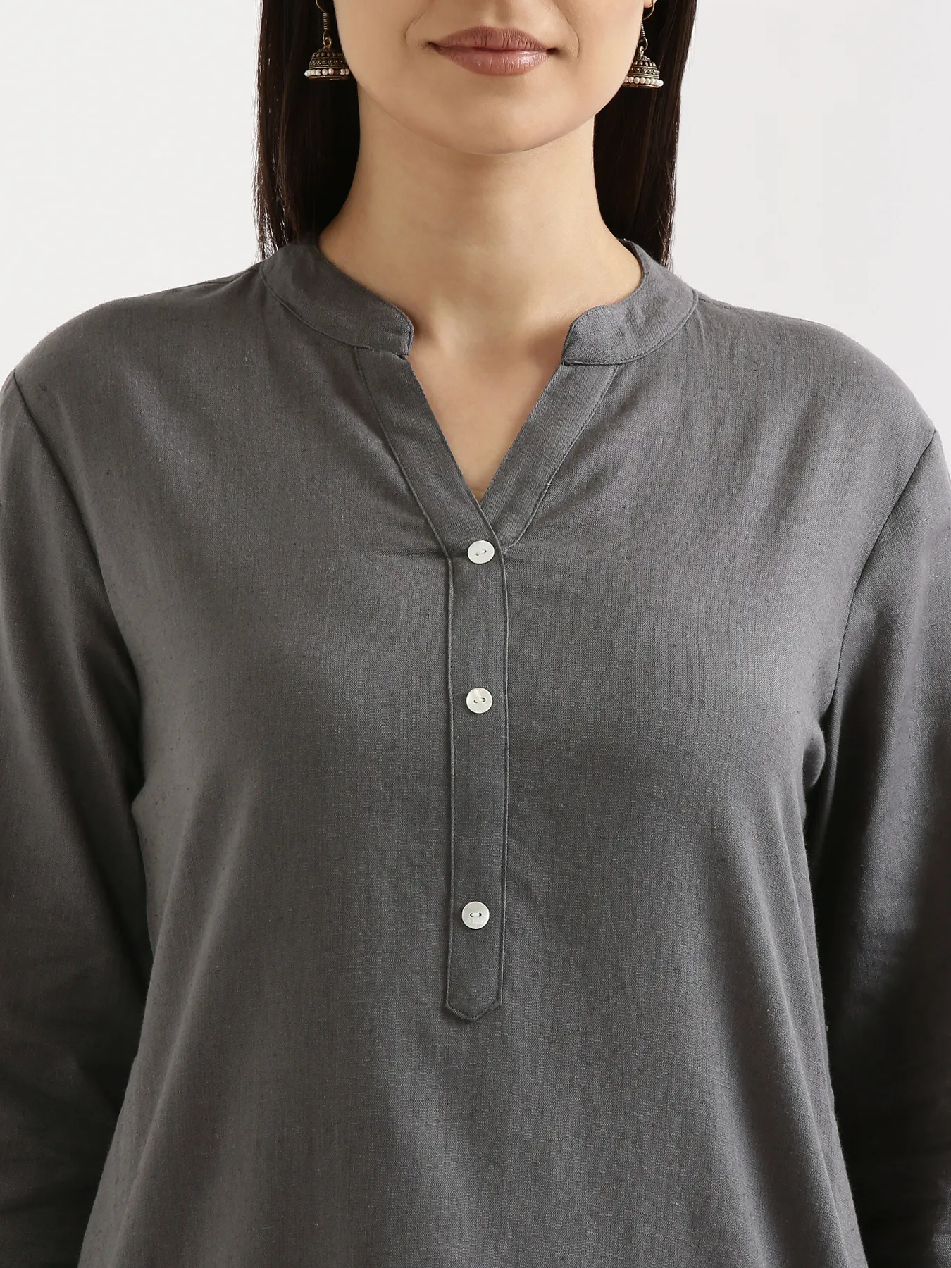 Women Slate Grey Airy Linen Long Kurta & Rose Viscose Palazzo Pant Set - Image 6
