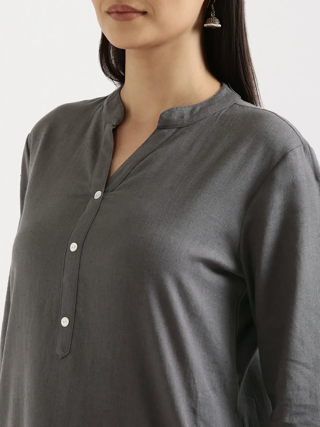 Women Slate Grey Airy Linen Long Kurta & Rose Viscose Palazzo Pant Set - Image 7