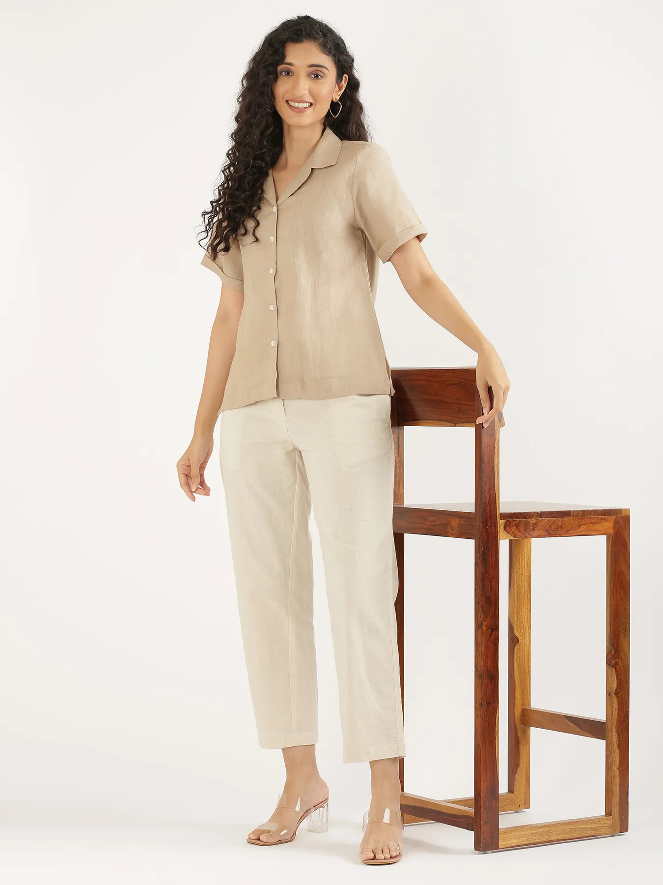 Women Taupe Pure Linen Notch Collar Shirt - Image 11