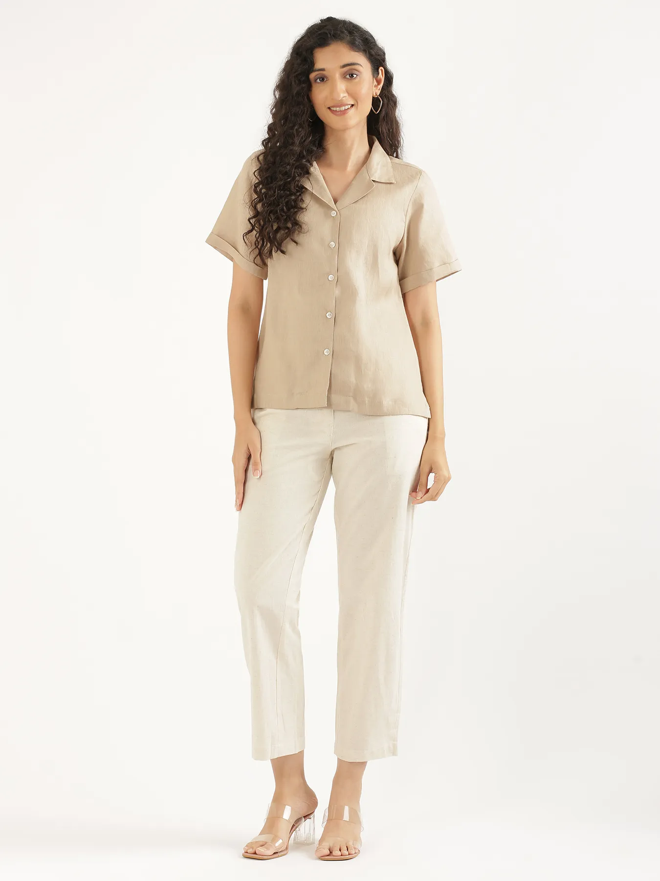 Women Taupe Pure Linen Notch Collar Shirt - Image 3