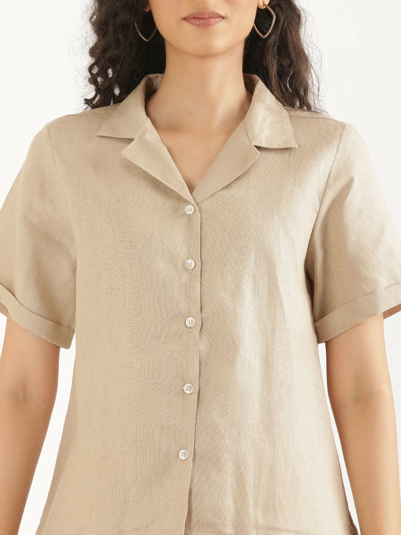 Women Taupe Pure Linen Notch Collar Shirt - Image 4