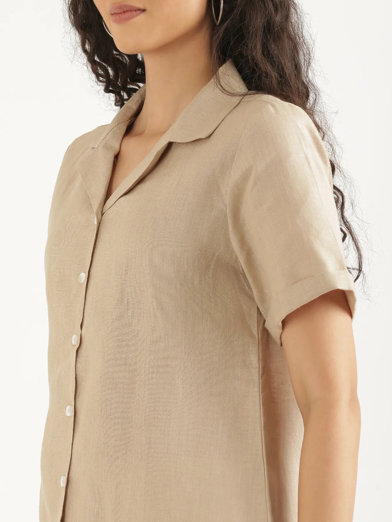 Women Taupe Pure Linen Notch Collar Shirt - Image 5