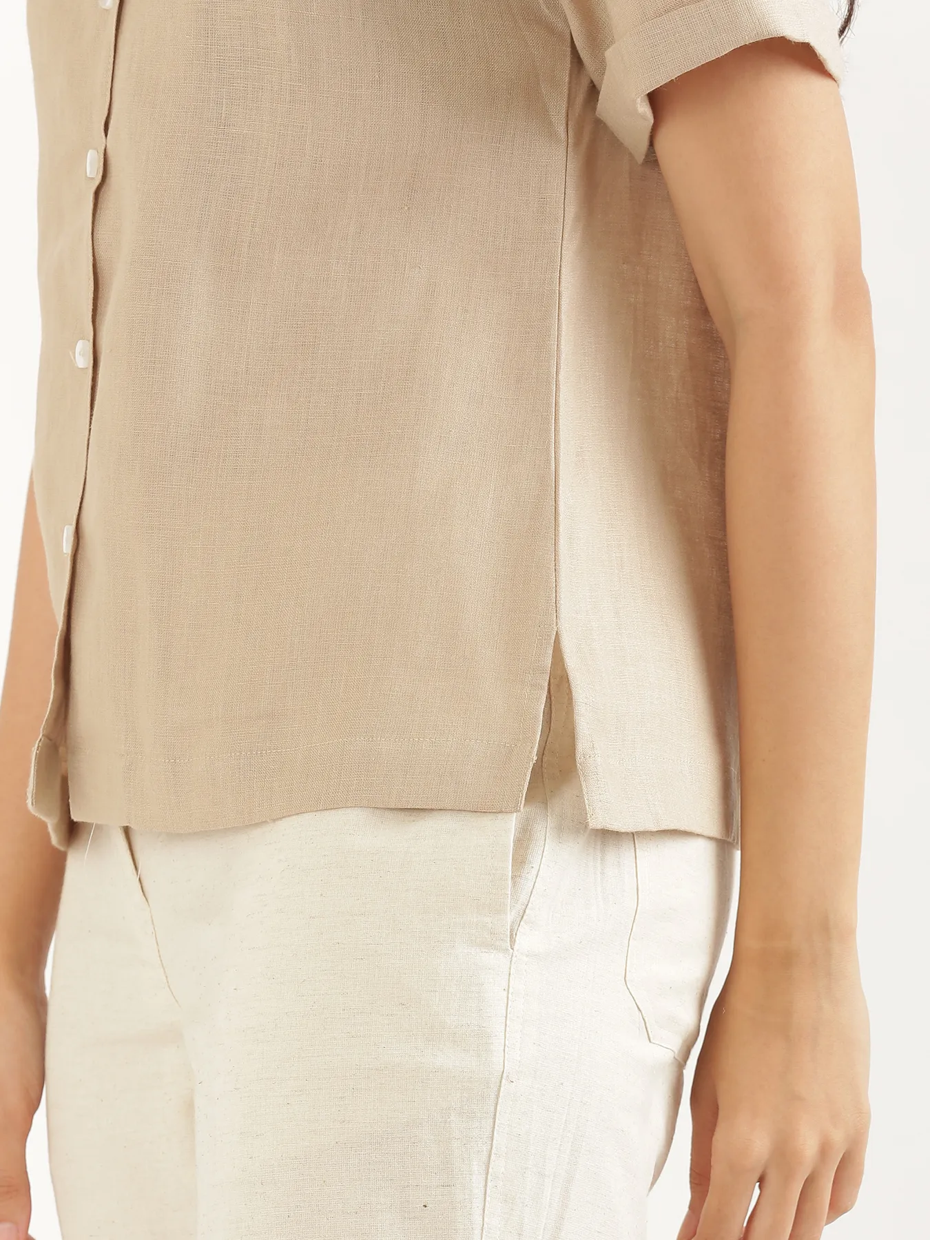 Women Taupe Pure Linen Notch Collar Shirt - Image 7