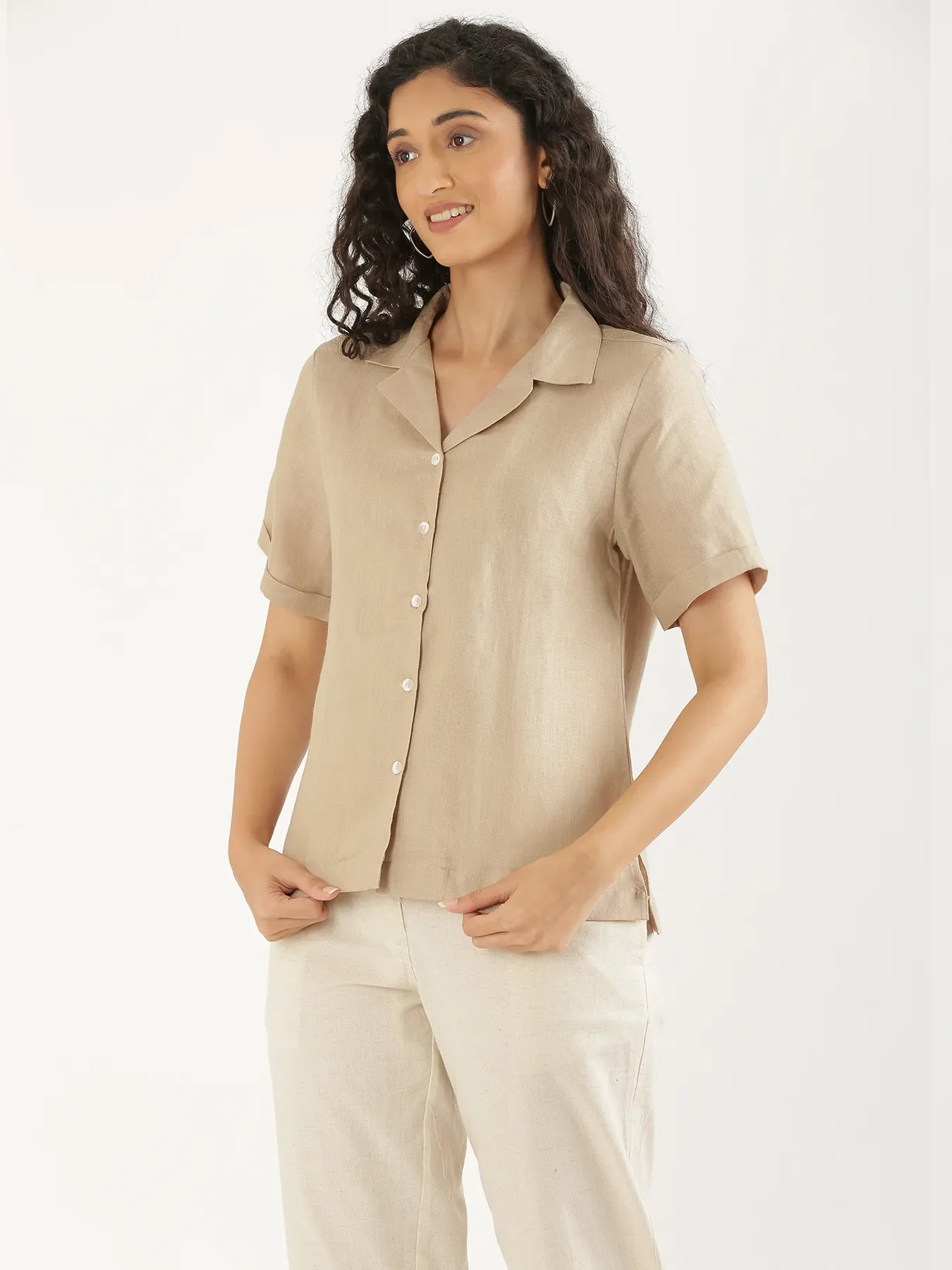 Women Taupe Pure Linen Notch Collar Shirt - Image 8