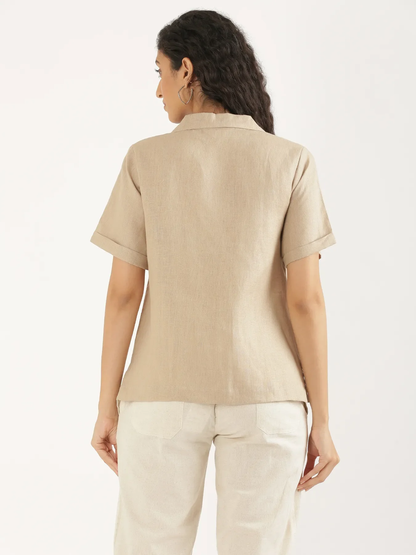 Women Taupe Pure Linen Notch Collar Shirt - Image 9