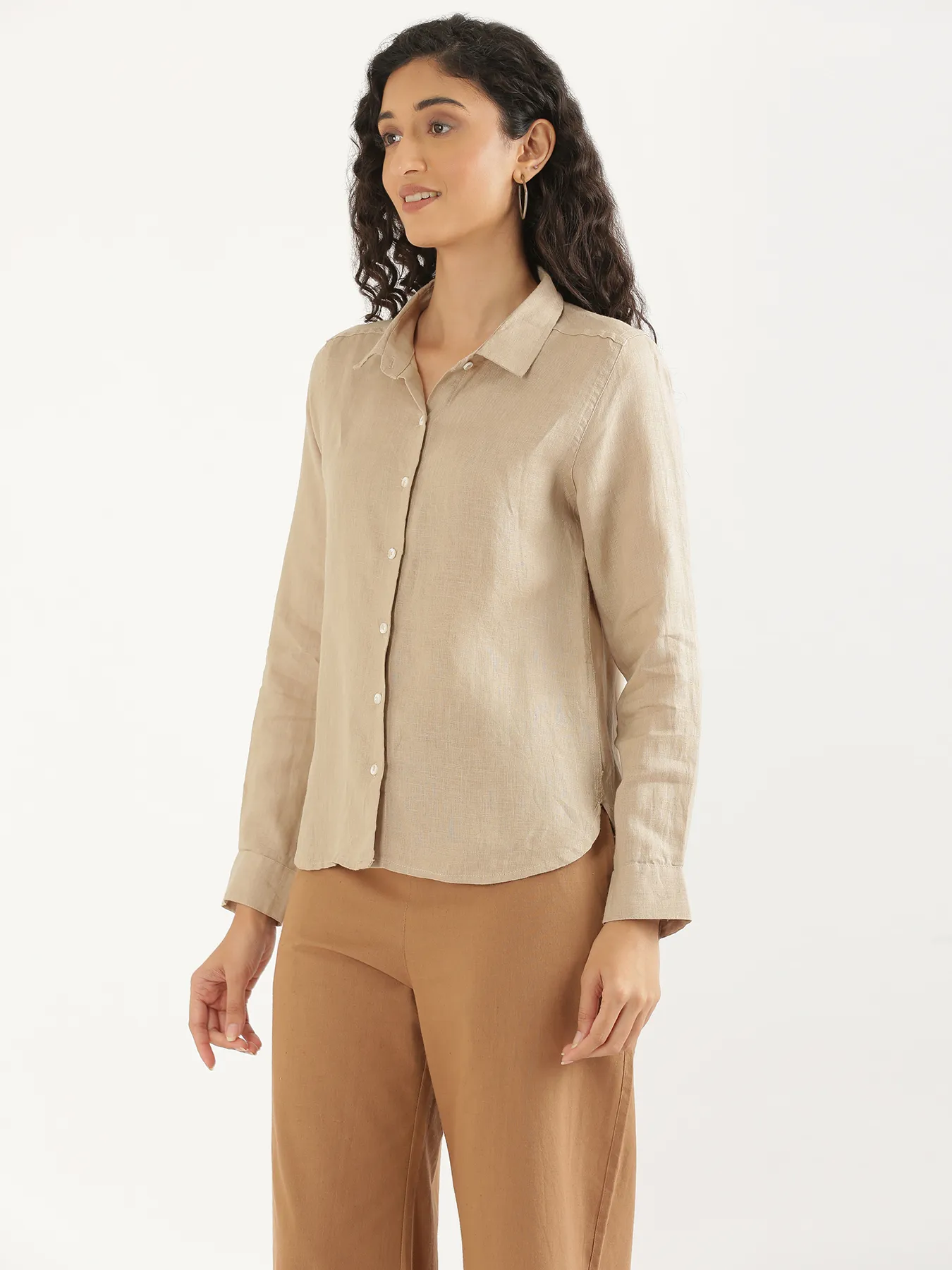 Women Taupe Pure Linen Shirt - Image 11
