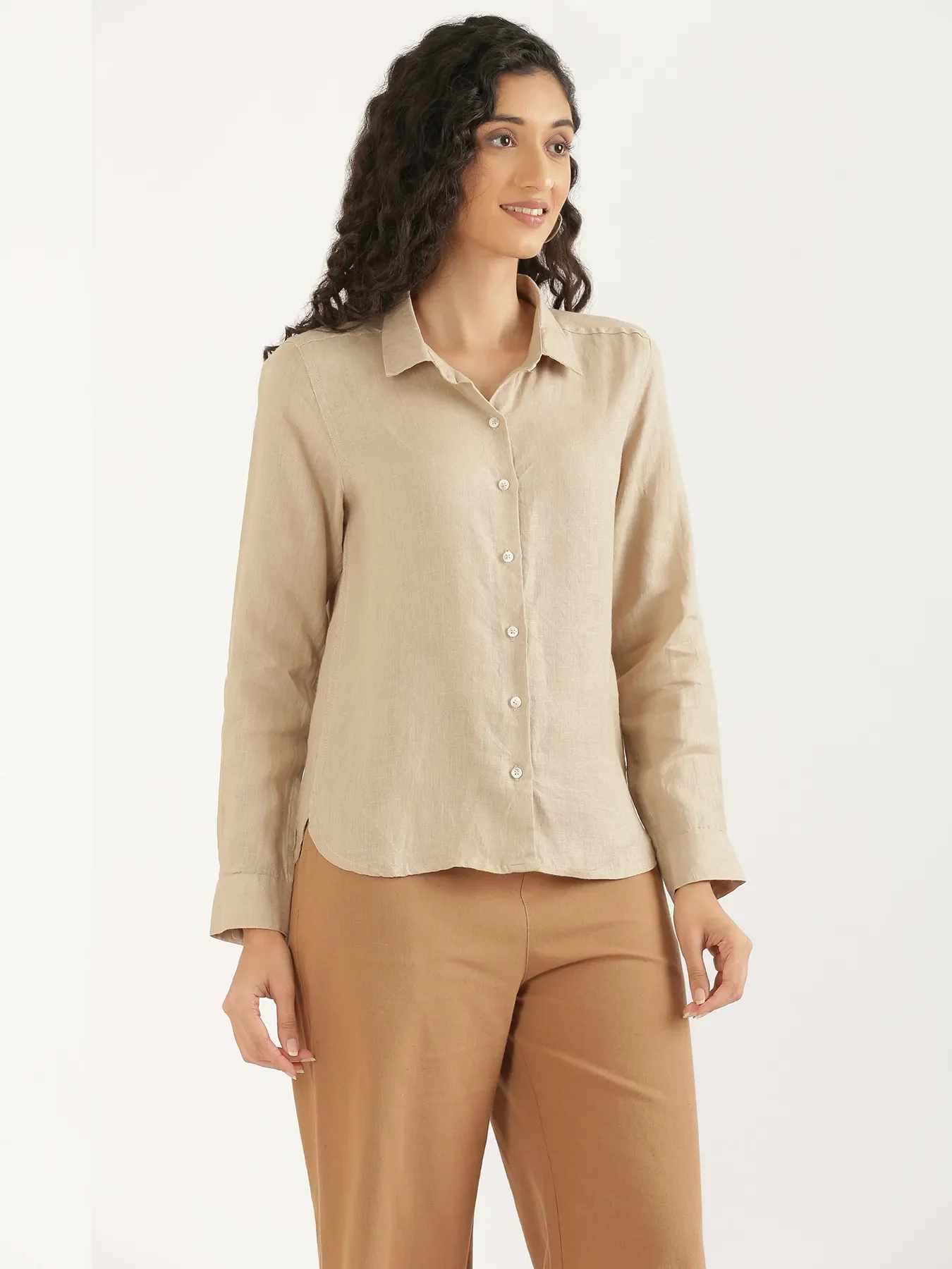 Women Taupe Pure Linen Shirt - Image 12