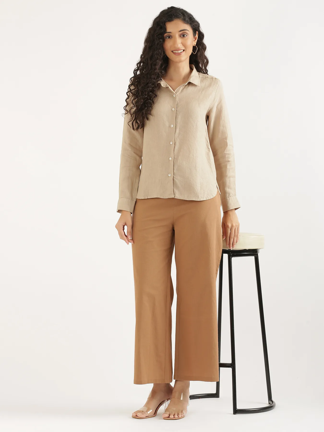 Women Taupe Pure Linen Shirt - Image 13