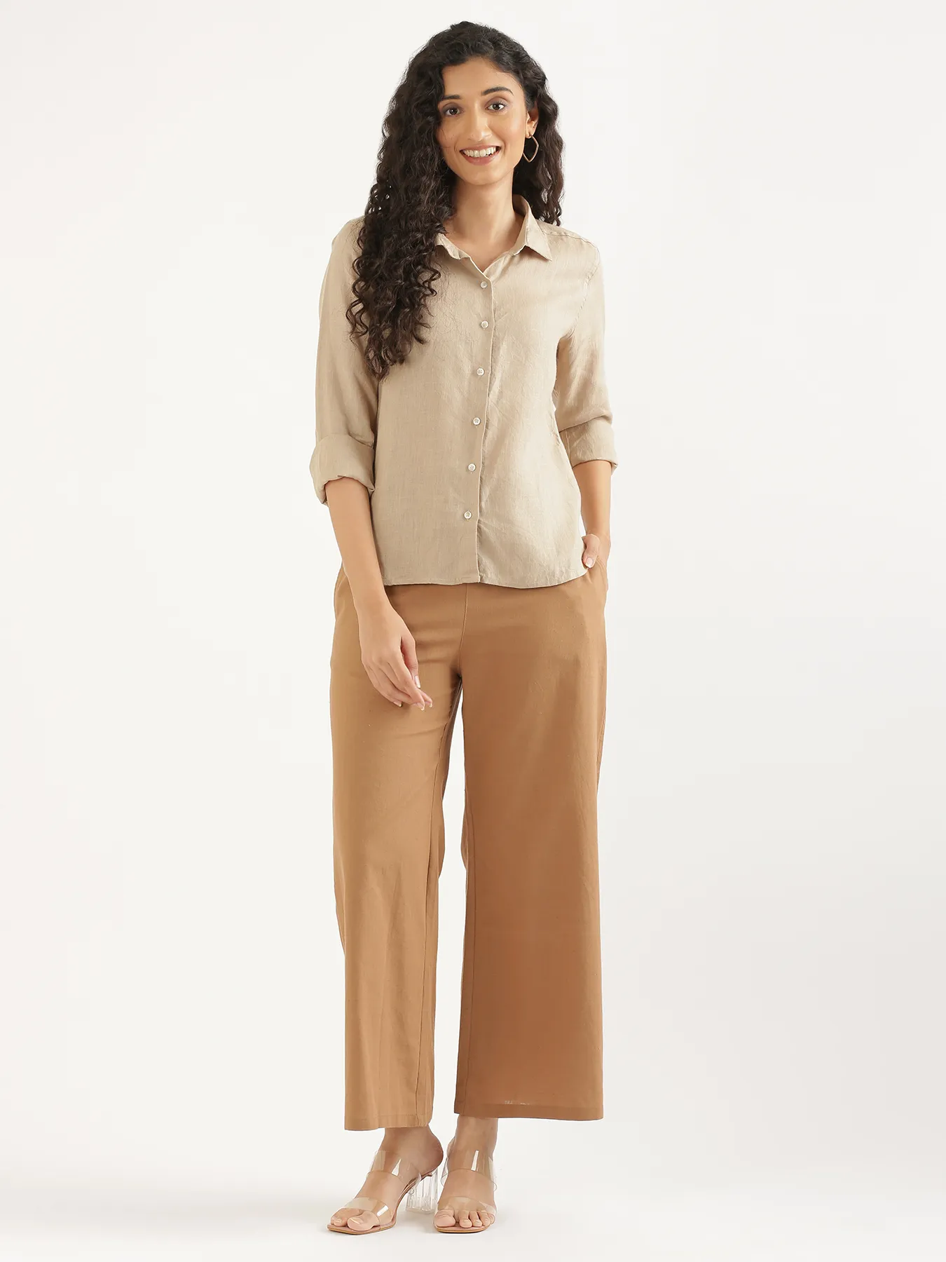 Women Taupe Pure Linen Shirt - Image 14