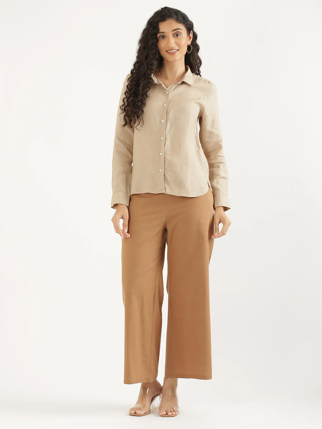 Women Taupe Pure Linen Shirt - Image 3