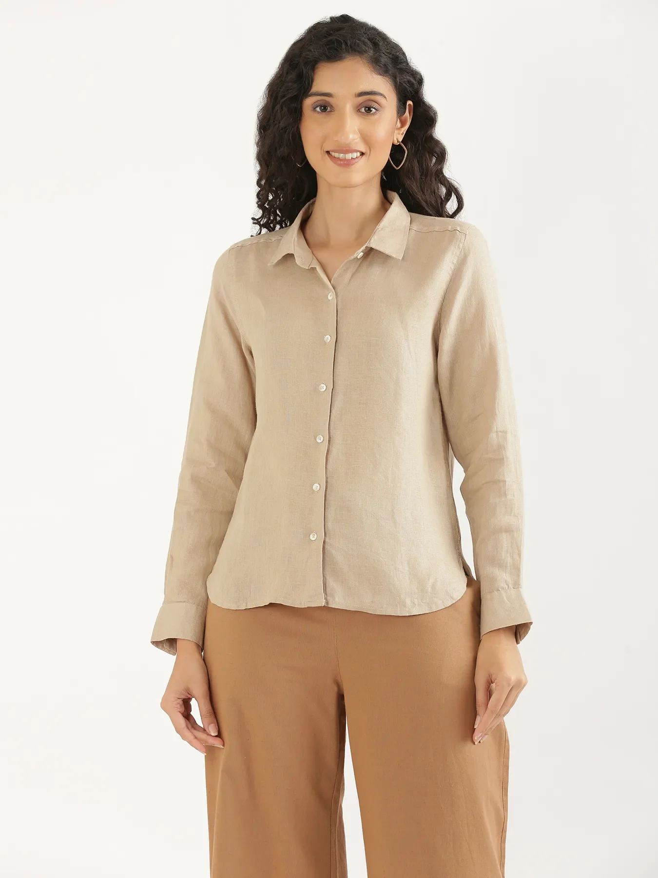 Women Taupe Pure Linen Shirt - Image 9