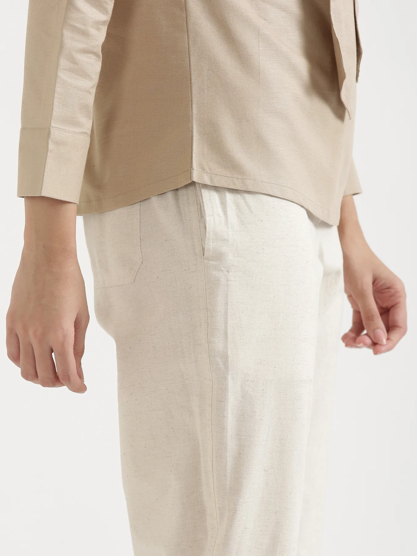 Women Taupe Linen Blend Knot Blouse - Image 8