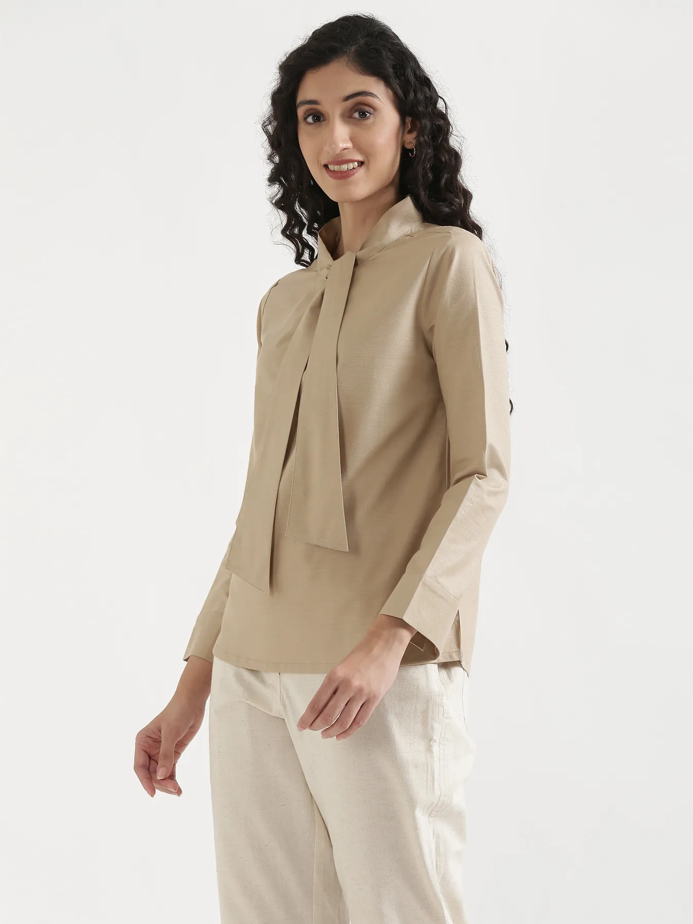 Women Taupe Linen Blend Knot Blouse & Ecru Airy Linen Straight Pants Pant Set - Image 10