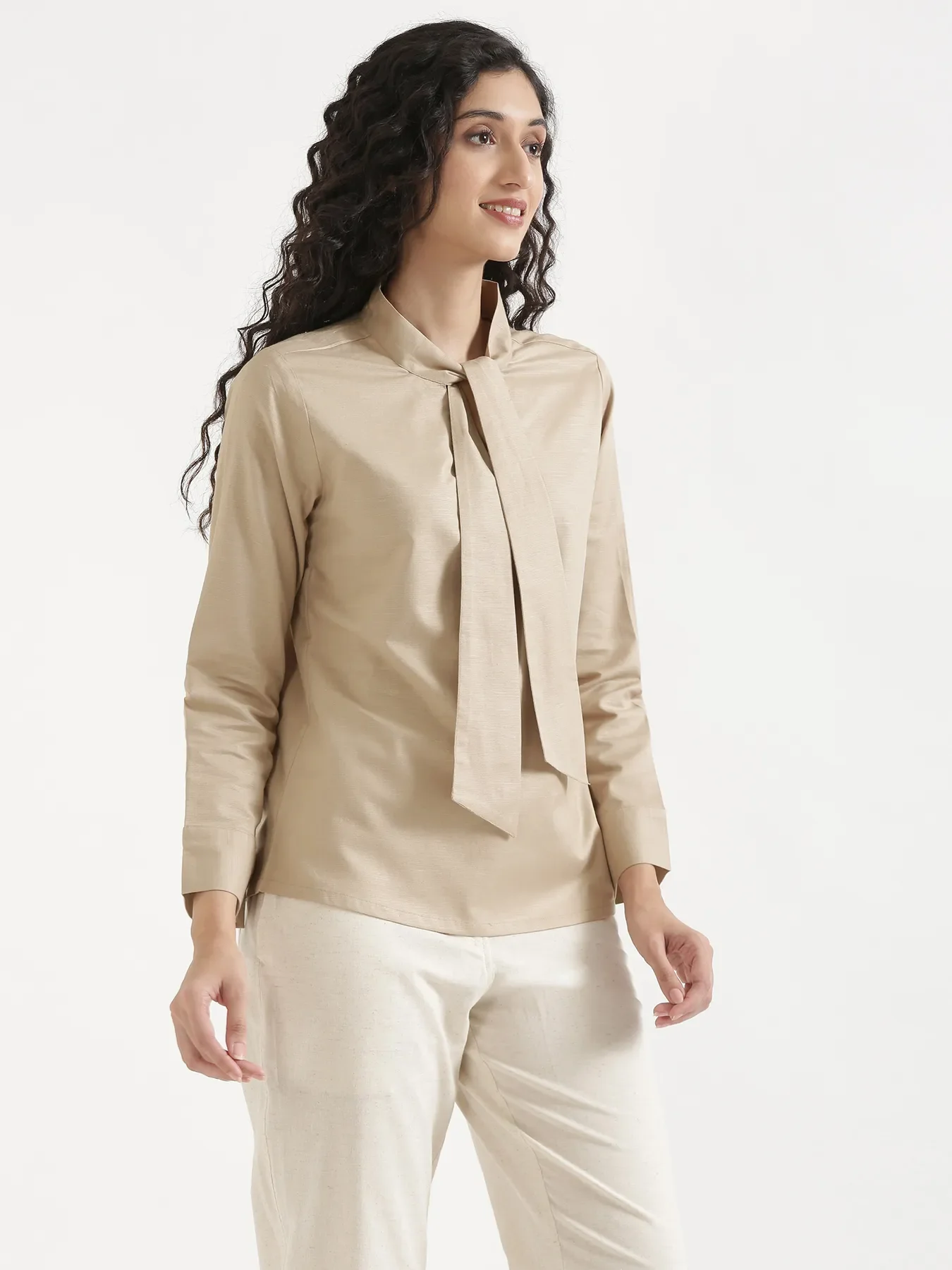 Women Taupe Linen Blend Knot Blouse & Ecru Airy Linen Straight Pants Pant Set - Image 11
