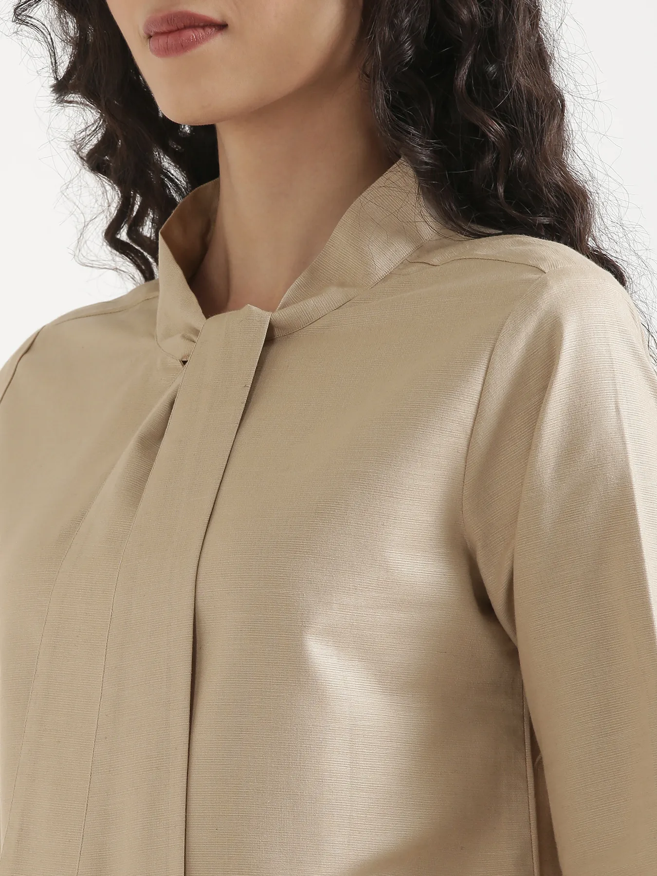 Women Taupe Linen Blend Knot Blouse & Ecru Airy Linen Straight Pants Pant Set - Image 5