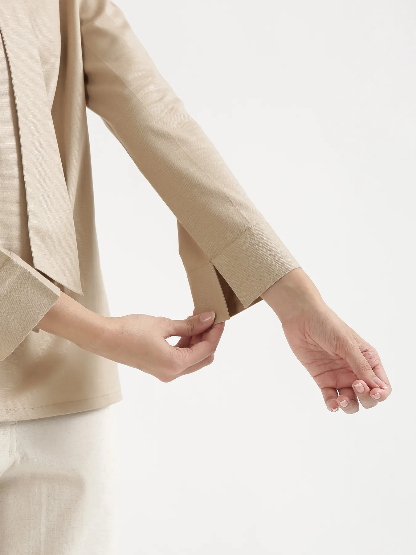 Women Taupe Linen Blend Knot Blouse & Ecru Airy Linen Straight Pants Pant Set - Image 8