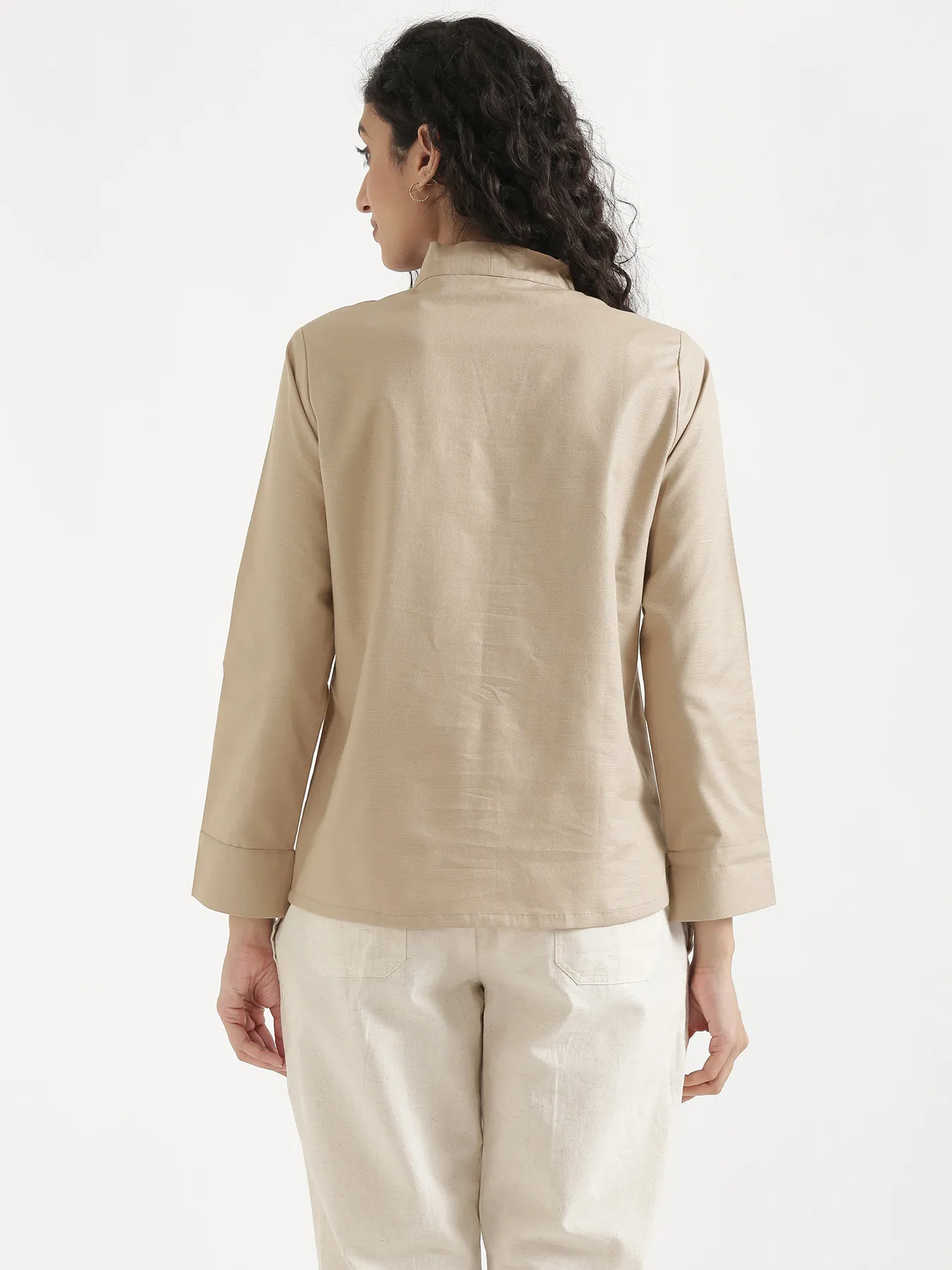 Women Taupe Linen Blend Knot Blouse & Ecru Airy Linen Straight Pants Pant Set - Image 9