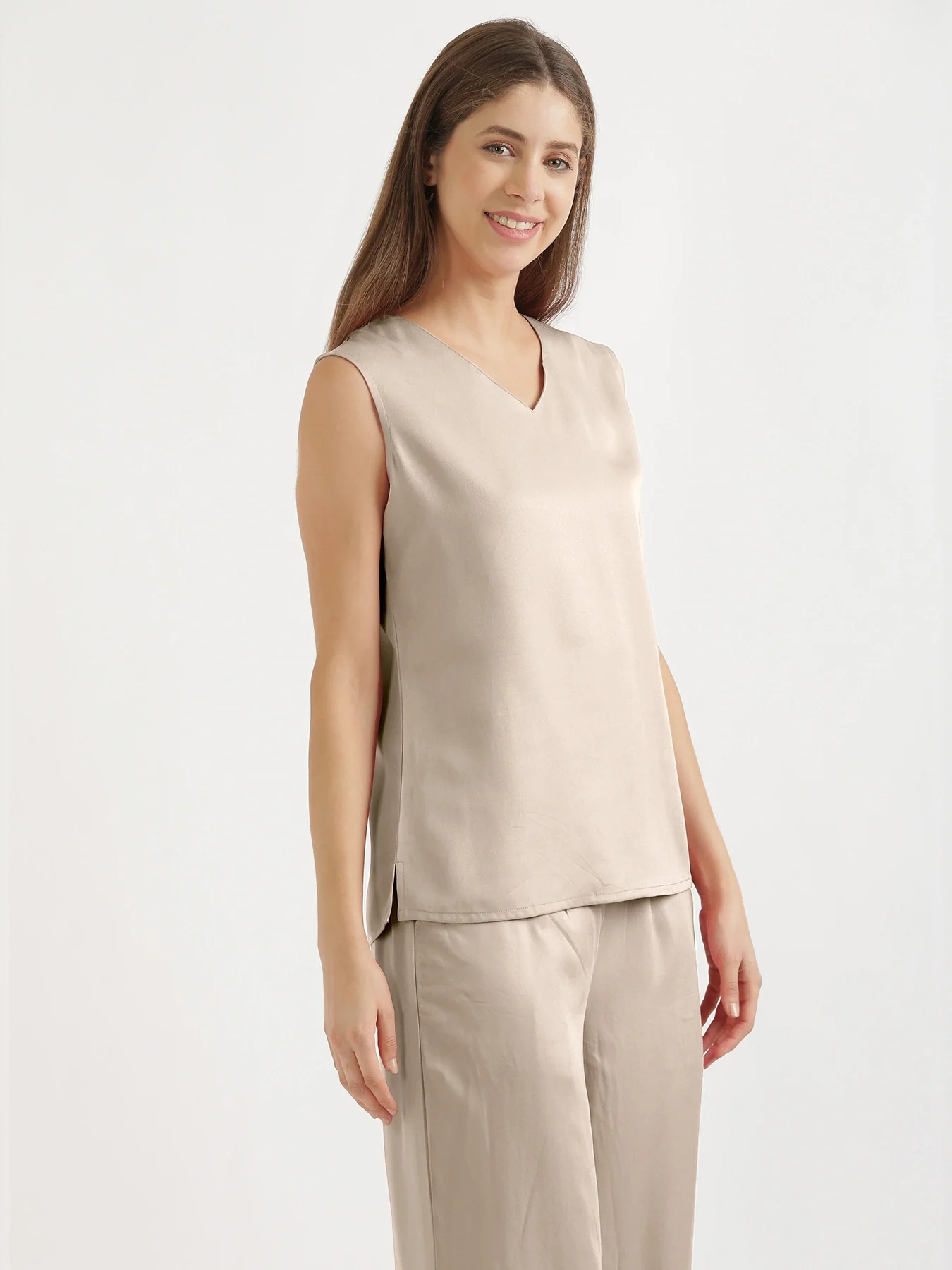 Women Taupe V-Neck Sleeveless Top - Image 2