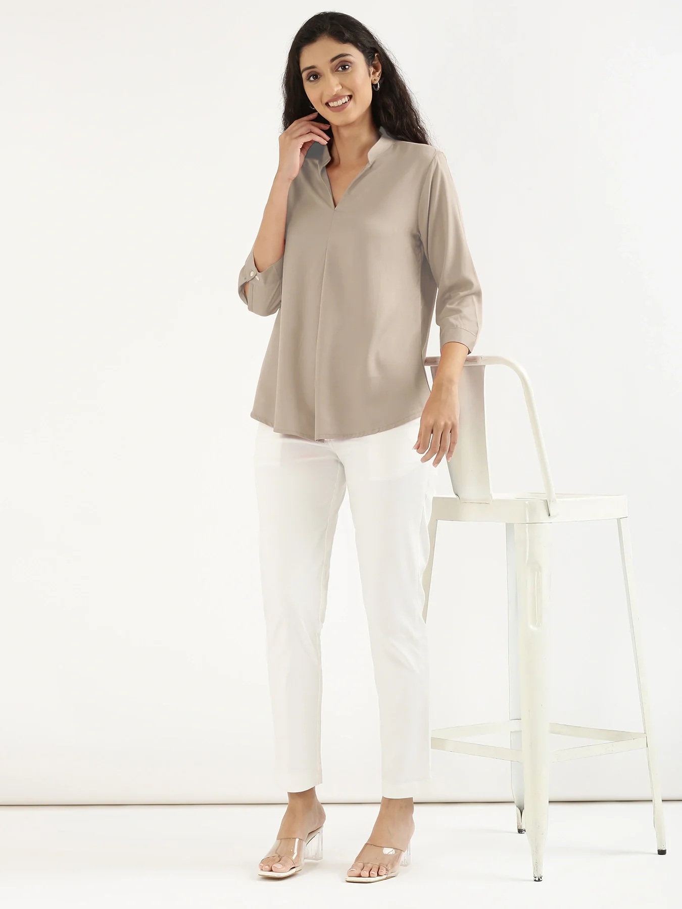 Women Taupe Viscose Pleated Top - Image 10