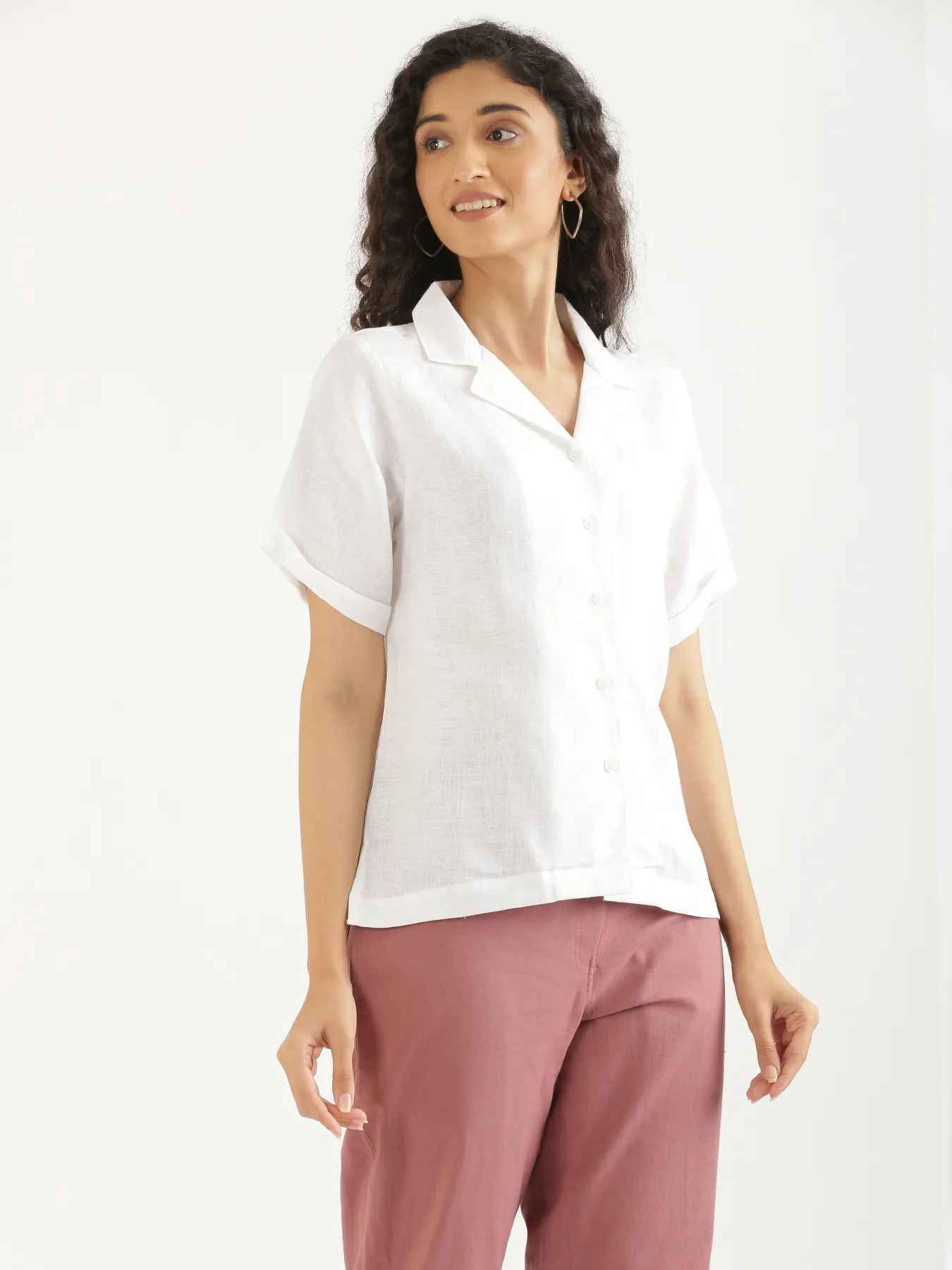 Women White Pure Linen Notch Collar Shirt - Image 10