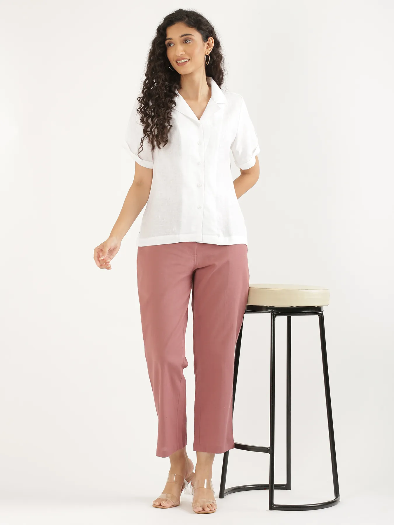 Women White Pure Linen Notch Collar Shirt - Image 11