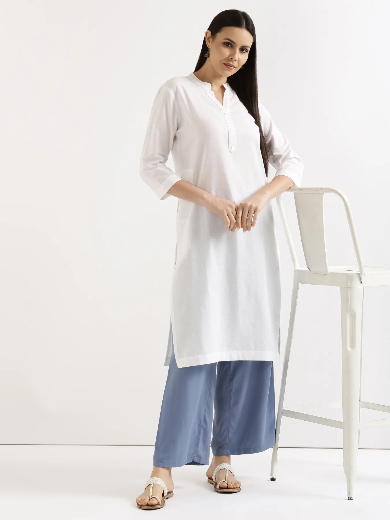 Women White Airy Linen Long Kurta & English Blue Viscose Palazzo Pant Set - Image 11
