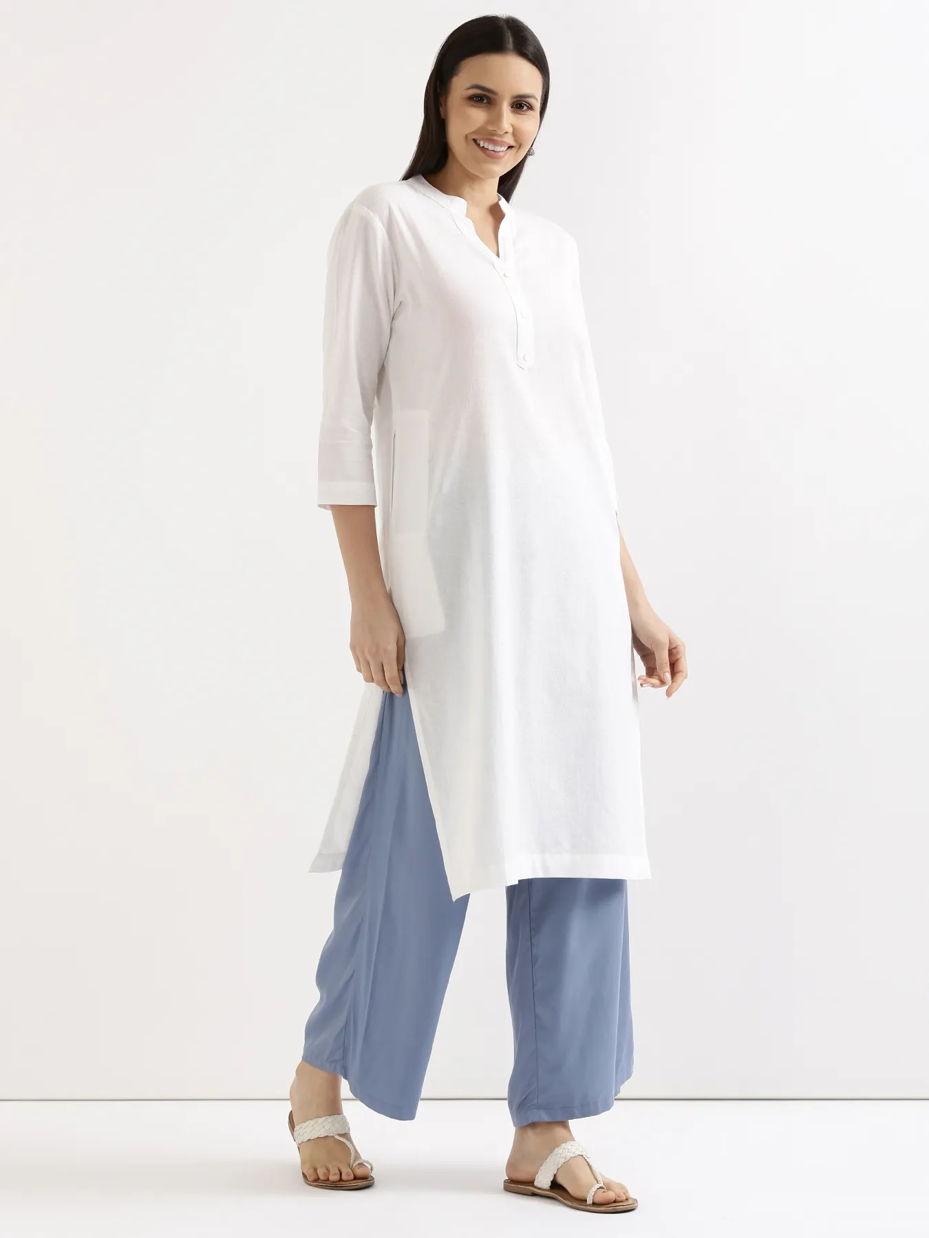 Women White Airy Linen Long Kurta & English Blue Viscose Palazzo Pant Set - Image 4
