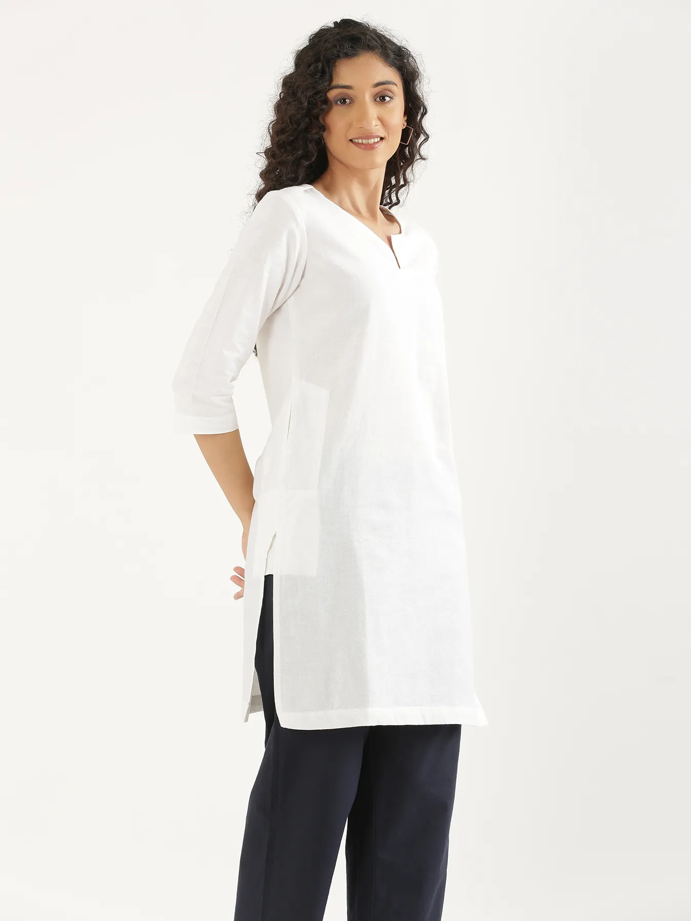 Women White Airy Linen Mid Thigh Length Kurta - Image 3