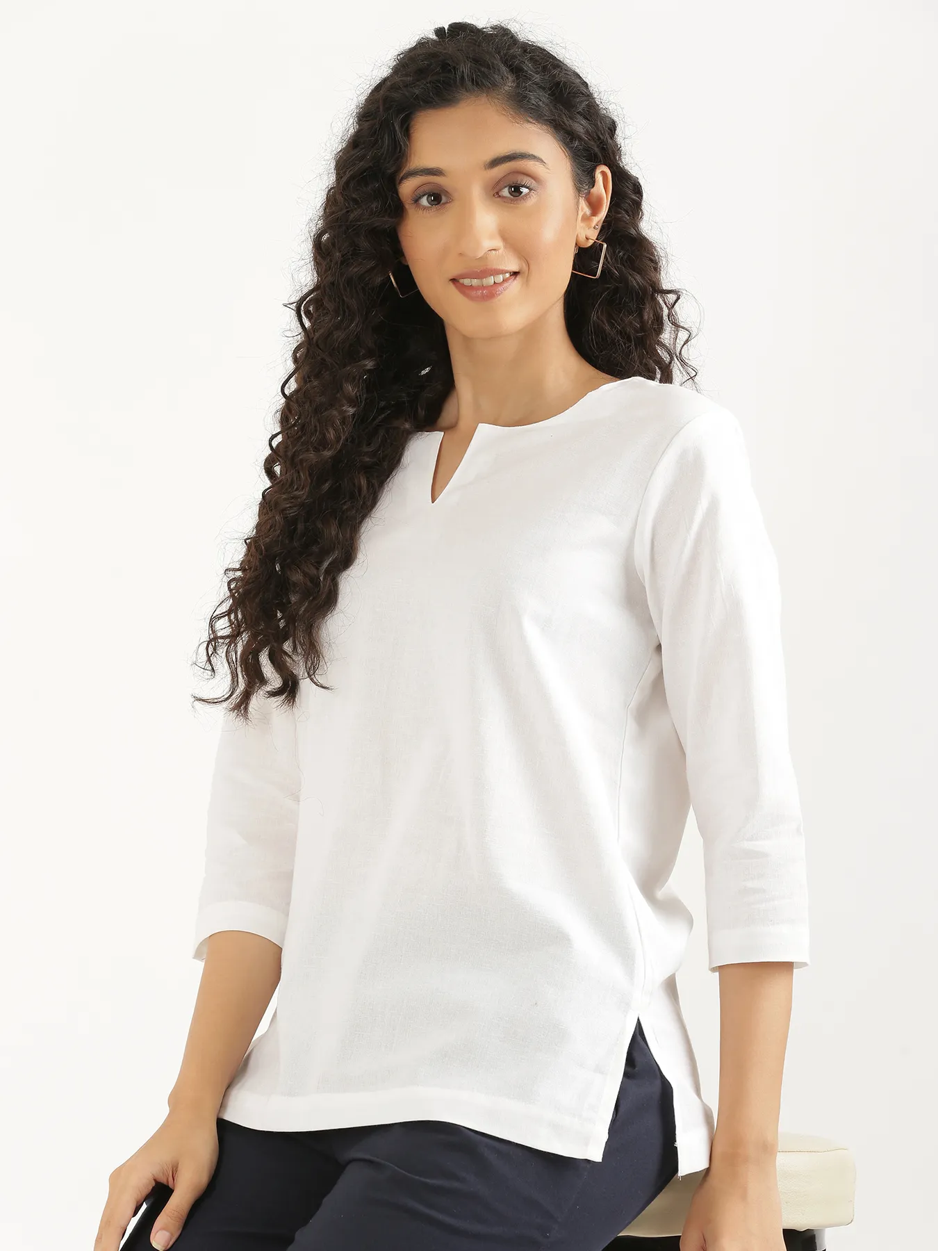 Women White Airy Linen Split Neck Short Kurta