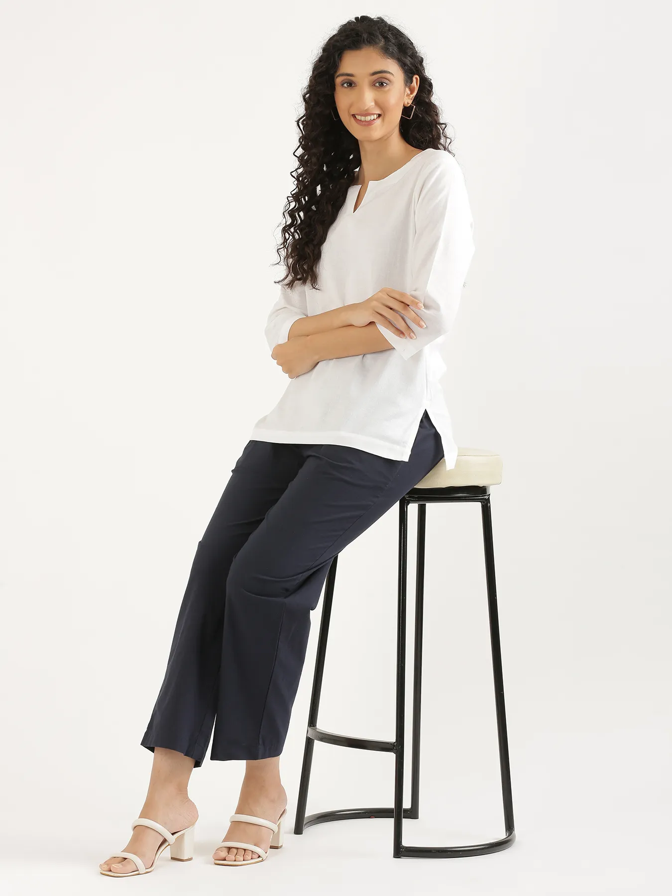 Women White Airy Linen Split Neck Short Kurta - Image 12