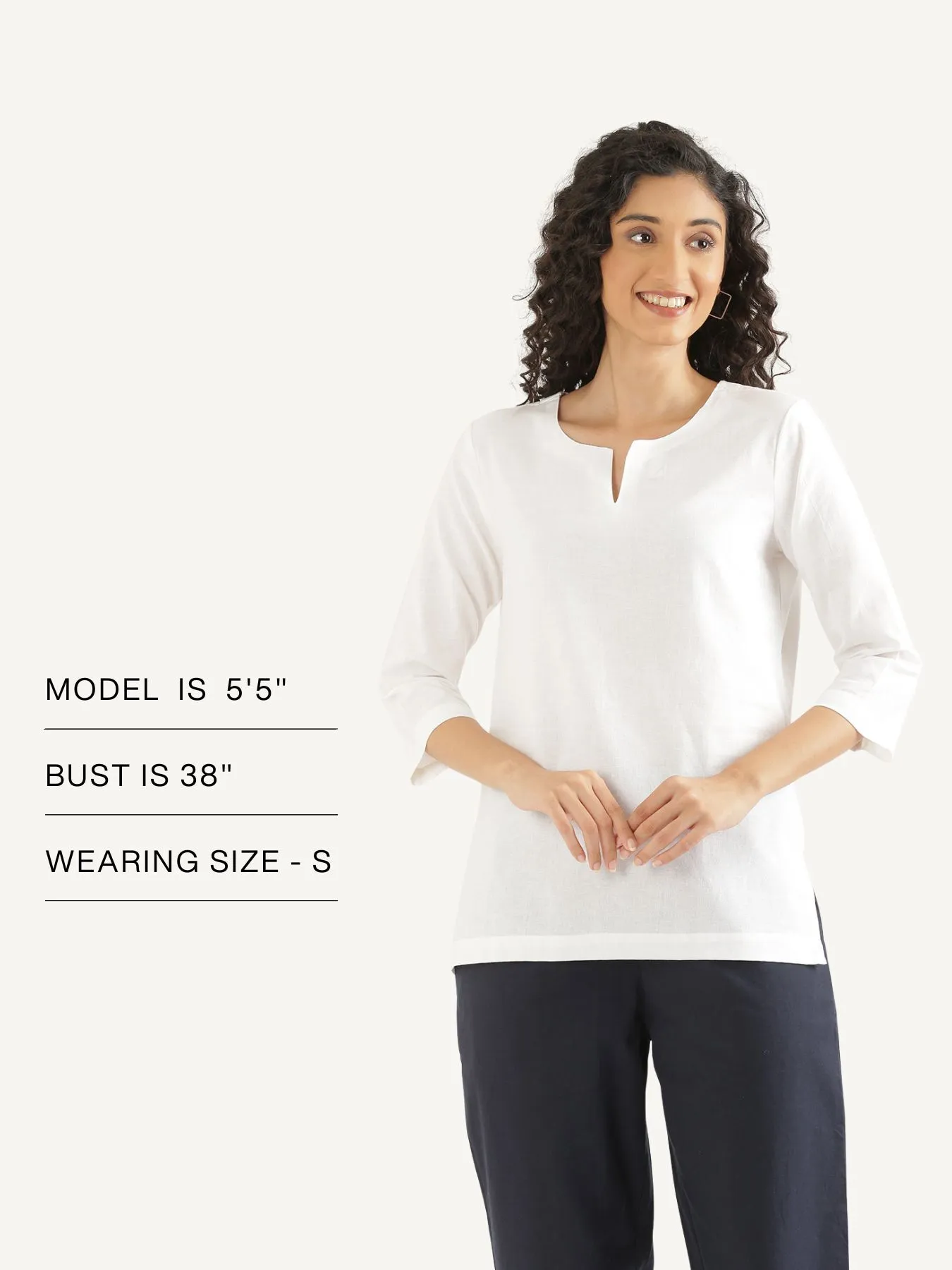 Women White Airy Linen Split Neck Short Kurta - Image 15