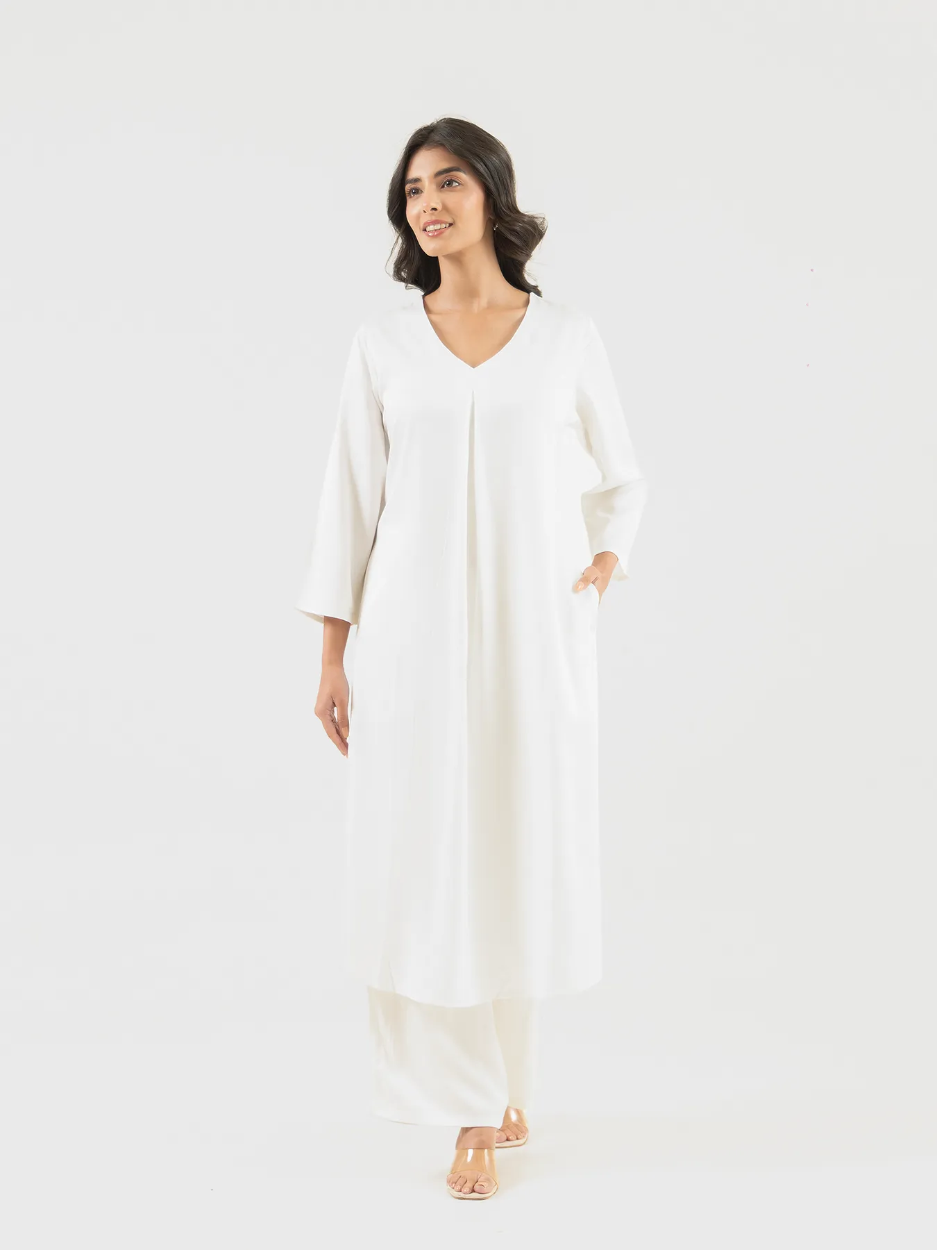 Women White Flowy Pleated Kurta - Image 5
